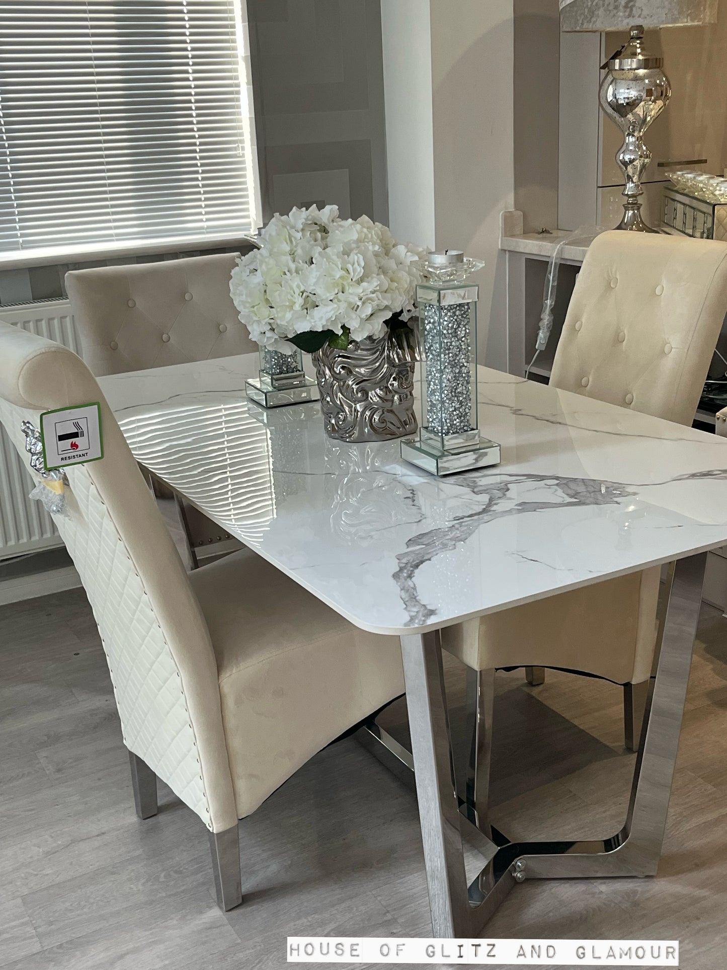 Display Item - Luca 1.6 Chrome Dining Table with Ice White Sintered With 2 Cream Lou Lou Dining Chairs Stone Top