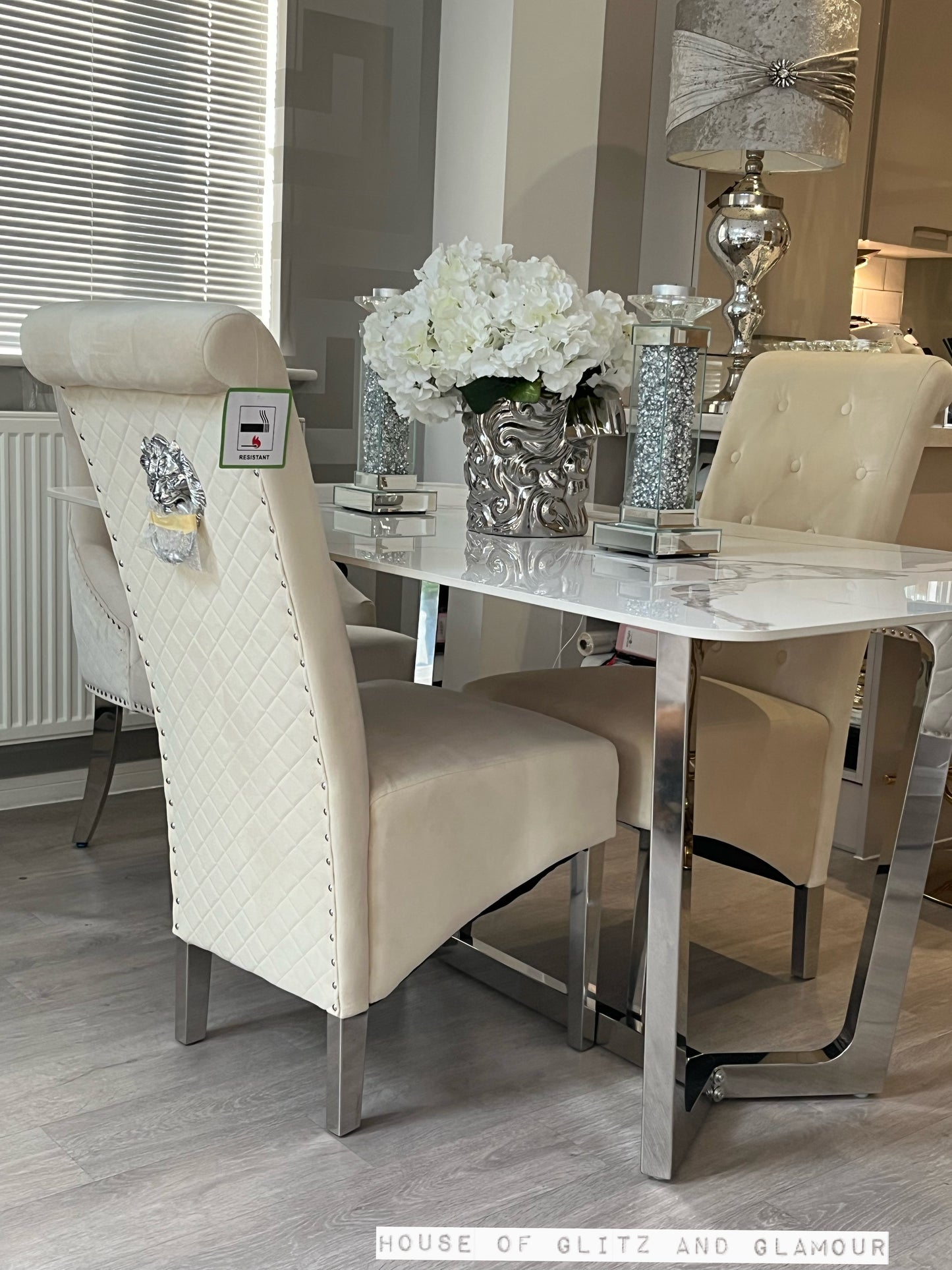 Display Item - Luca 1.6 Chrome Dining Table with Ice White Sintered With 2 Cream Lou Lou Dining Chairs Stone Top