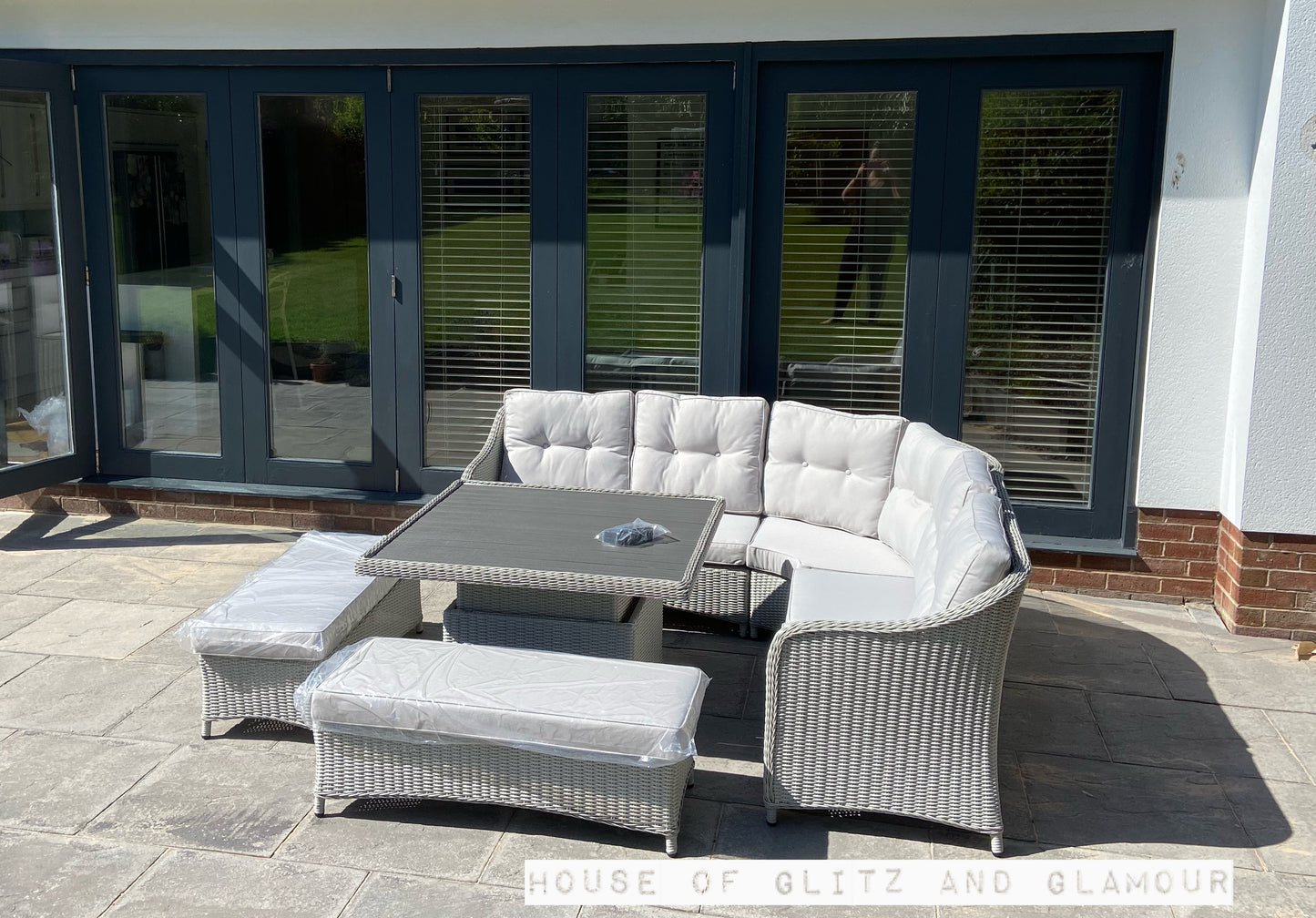 Kensington Grey Rattan Corner Sofa Garden Set With Rising Coffee To Dining Table