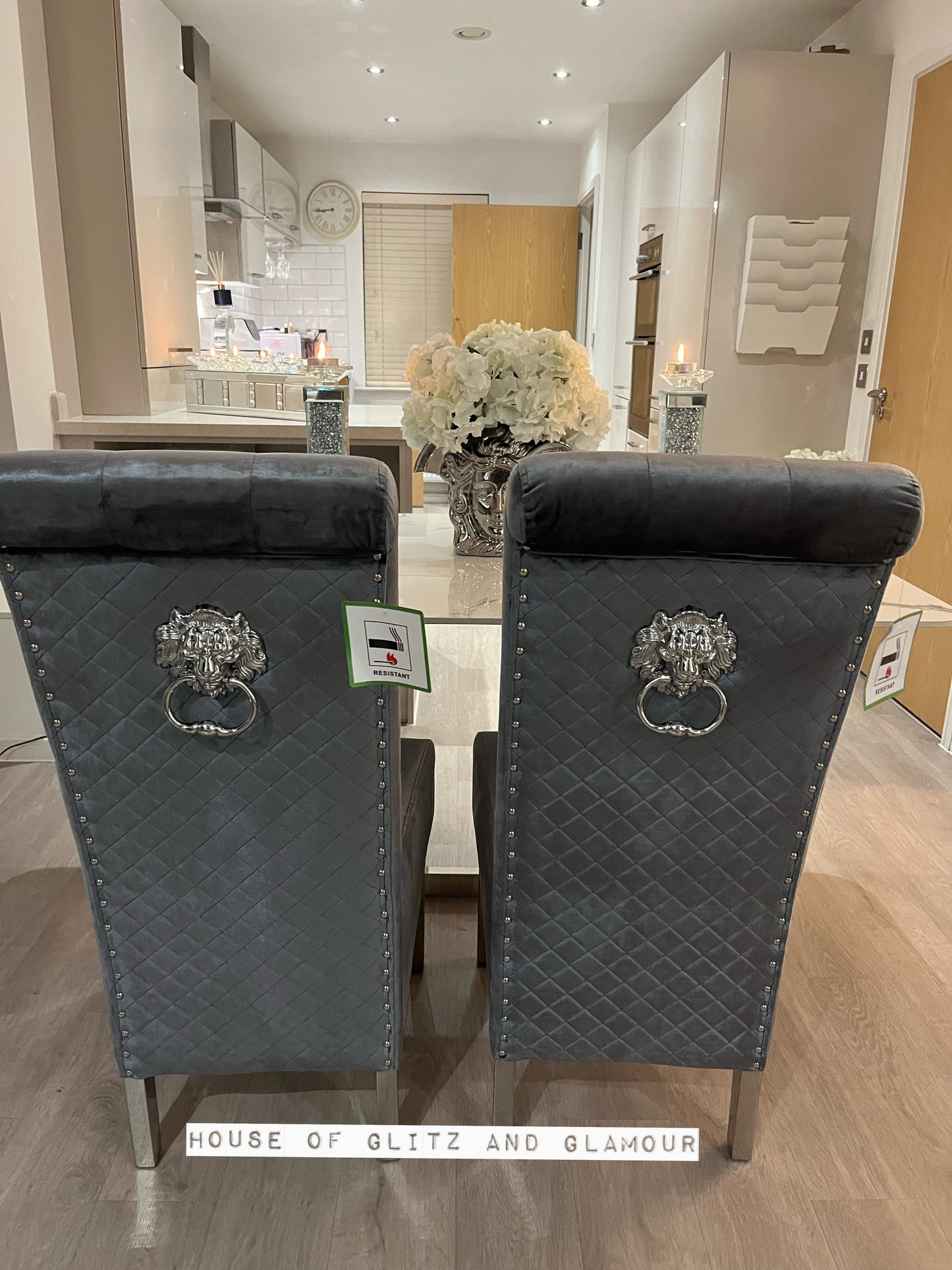 Lou Lou High Back Silver Shimmer Velvet Lion Knocker Back Dining Chair