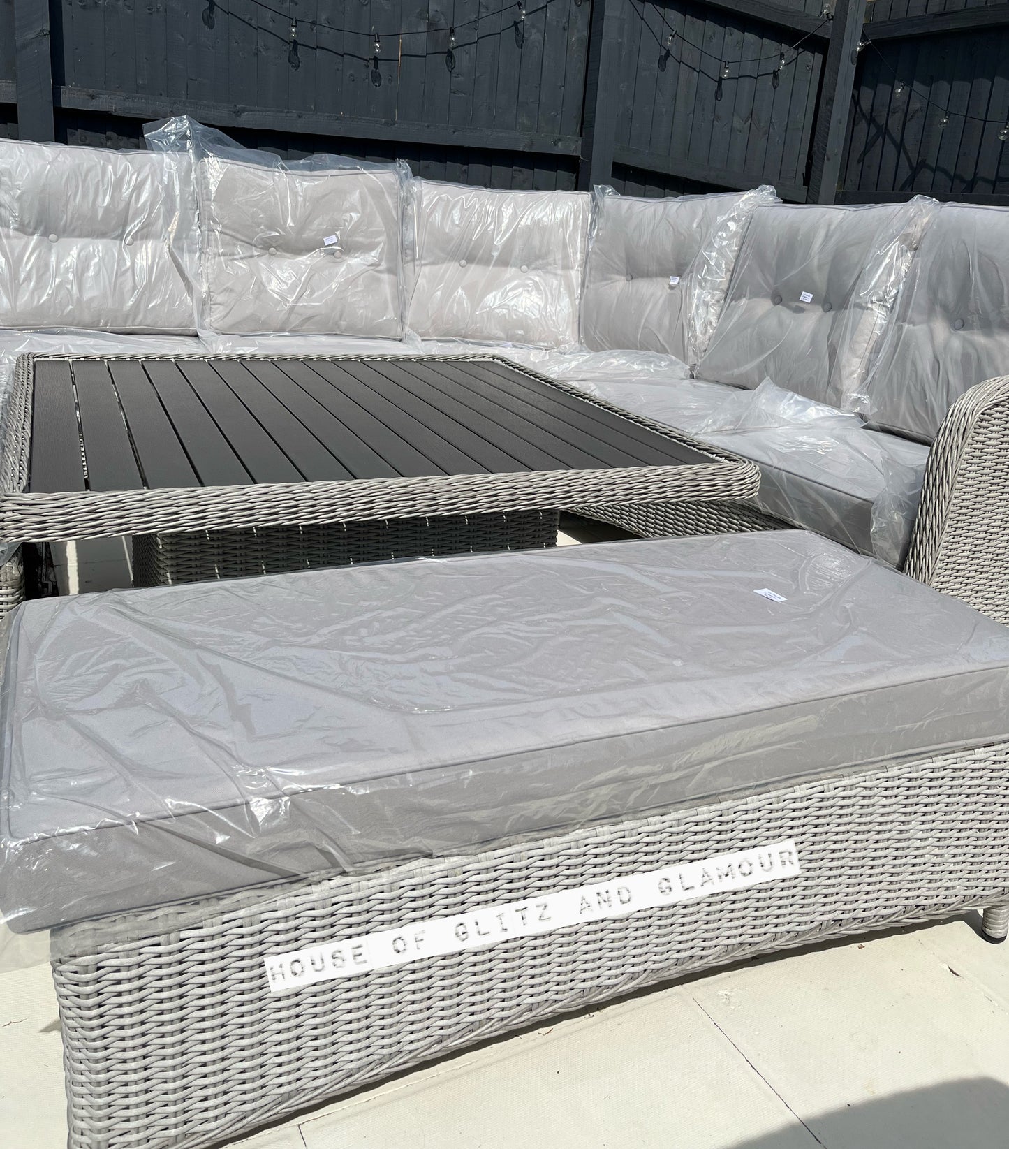 Kensington Grey Rattan Corner Sofa Garden Set With Rising Coffee To Dining Table