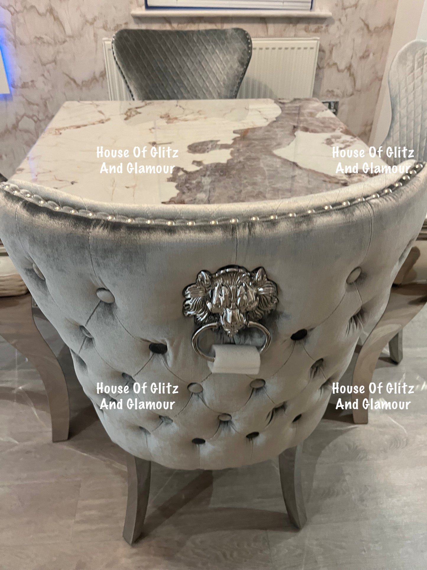 Louis Cream Pandora Marble Dining Table With Chrome Legs + 4 Silver Valentina Dining Chairs