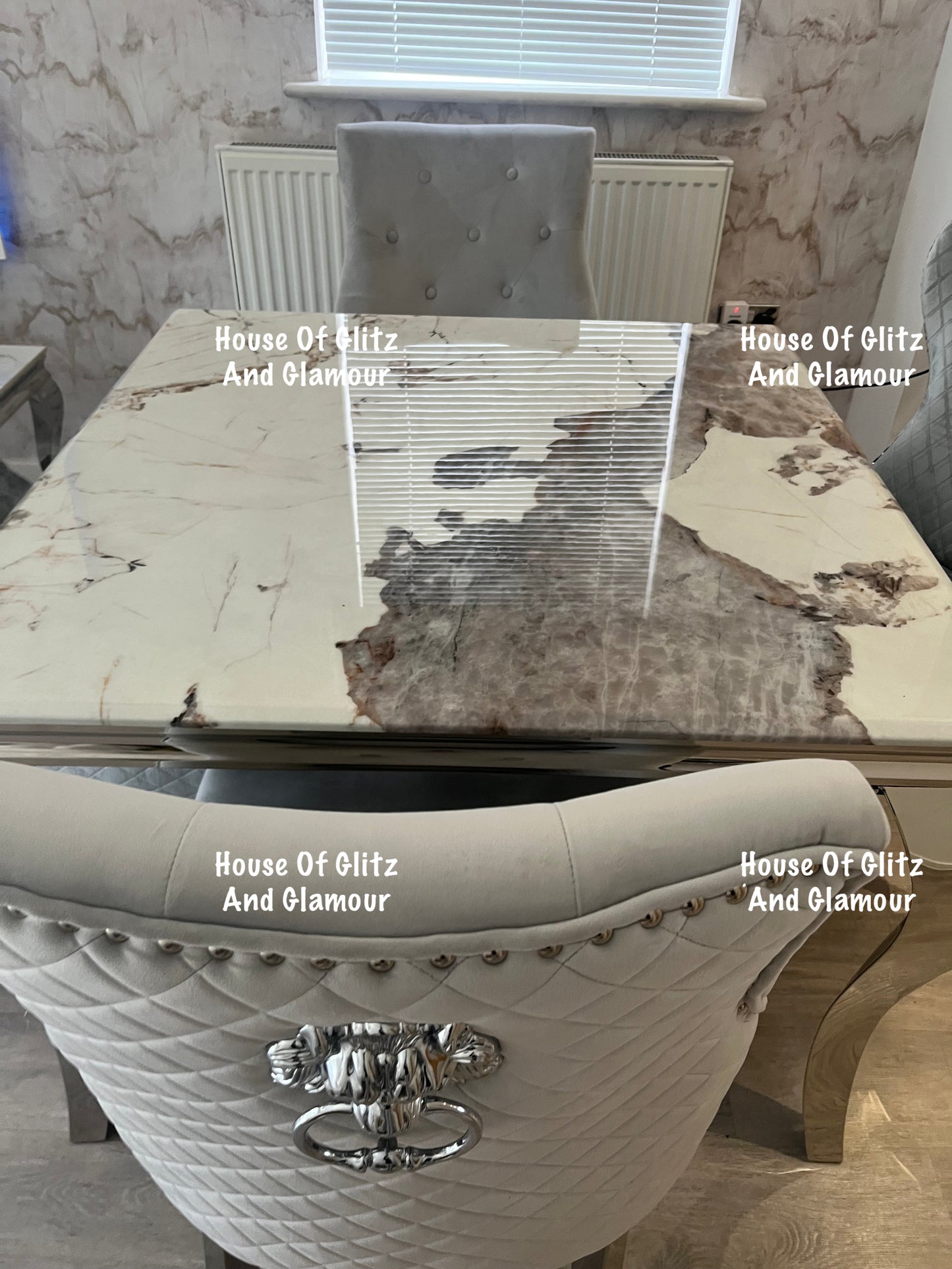 Louis Cream Dining Table With Chrome Legs And Pandora Marble Top