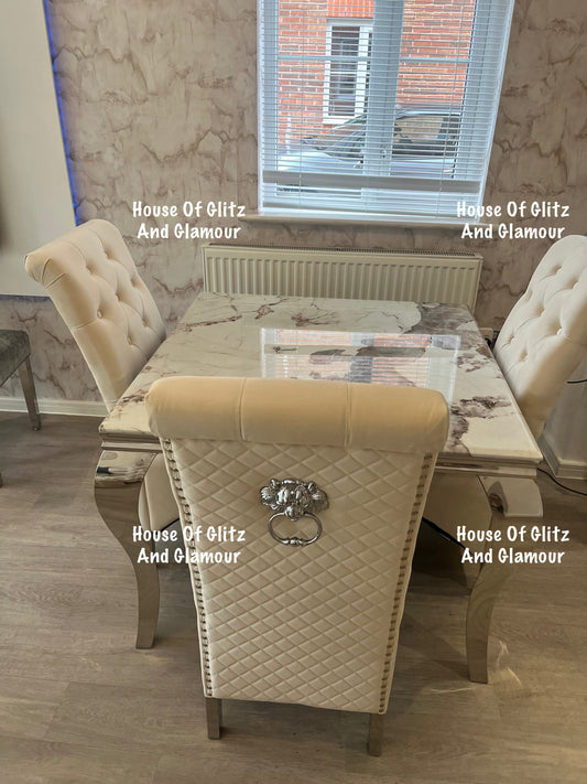 Louis Cream Pandora Marble Dining Table With Chrome Legs + 4 Cream Lou Lou Dining Chairs