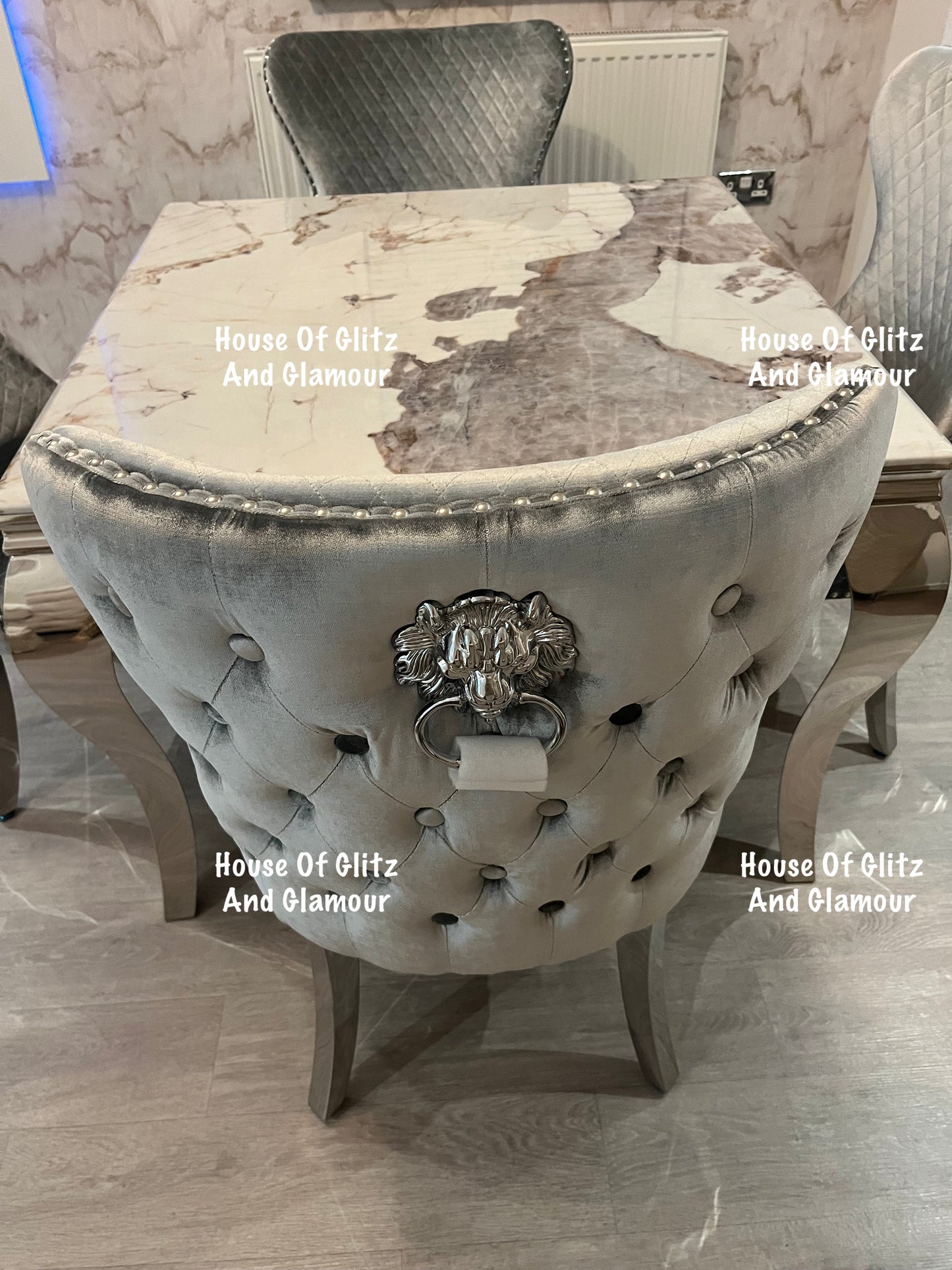 Louis Cream Dining Table With Chrome Legs And Pandora Marble Top