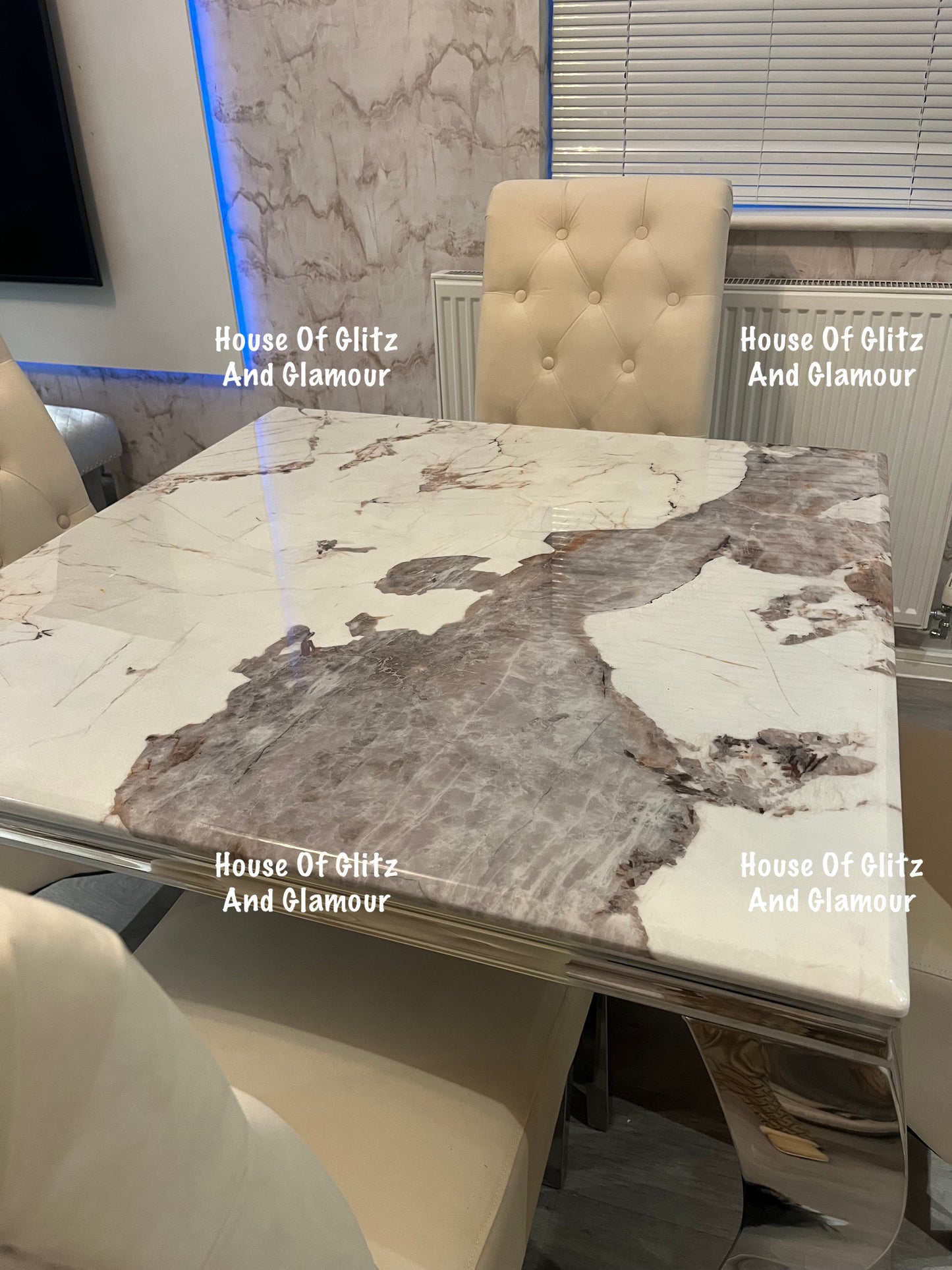 Louis Cream Dining Table With Chrome Legs And Pandora Marble Top