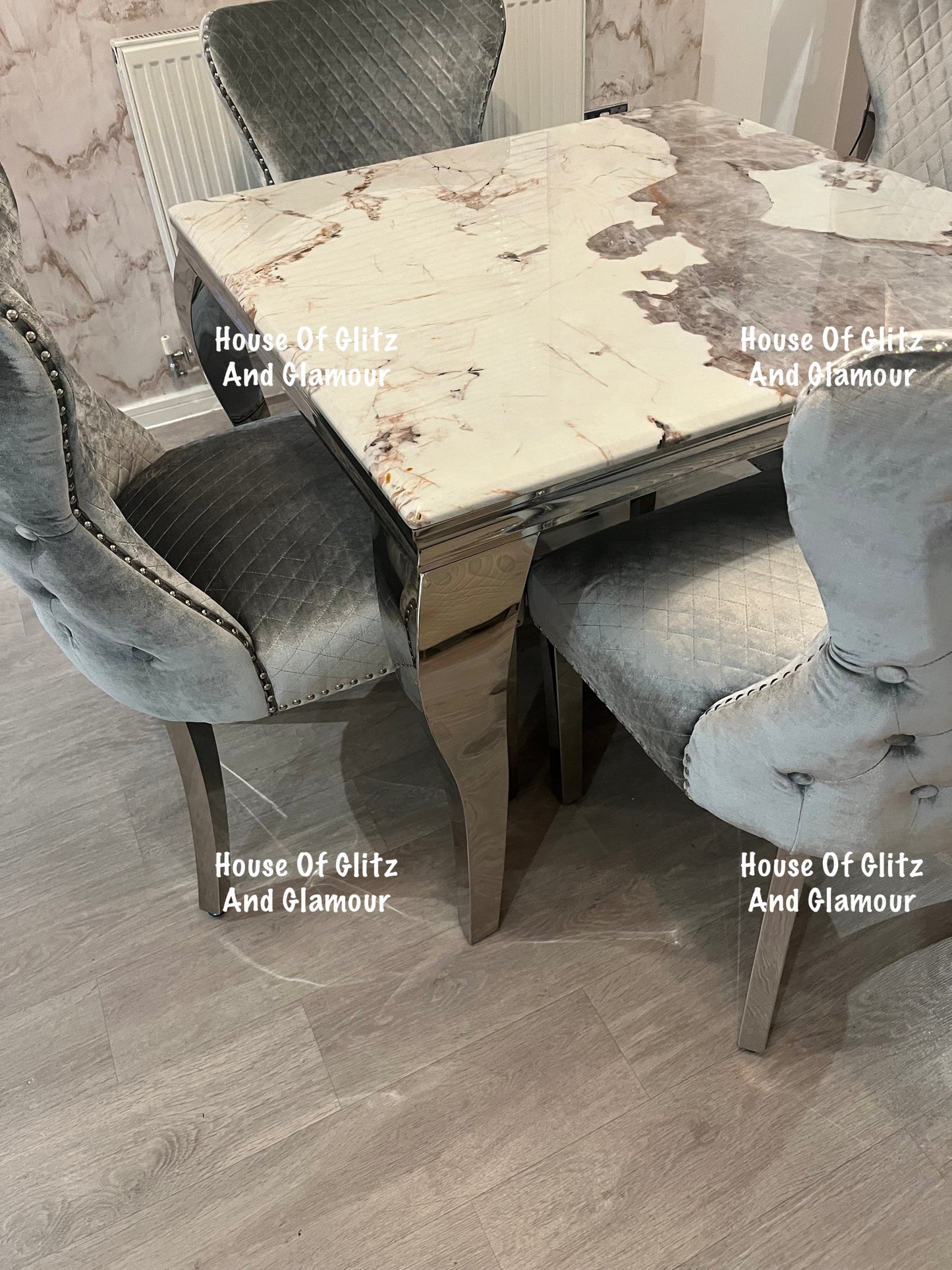 Louis Cream Dining Table With Chrome Legs And Pandora Marble Top