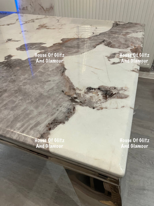 Louis Cream Dining Table With Chrome Legs And Pandora Marble Top