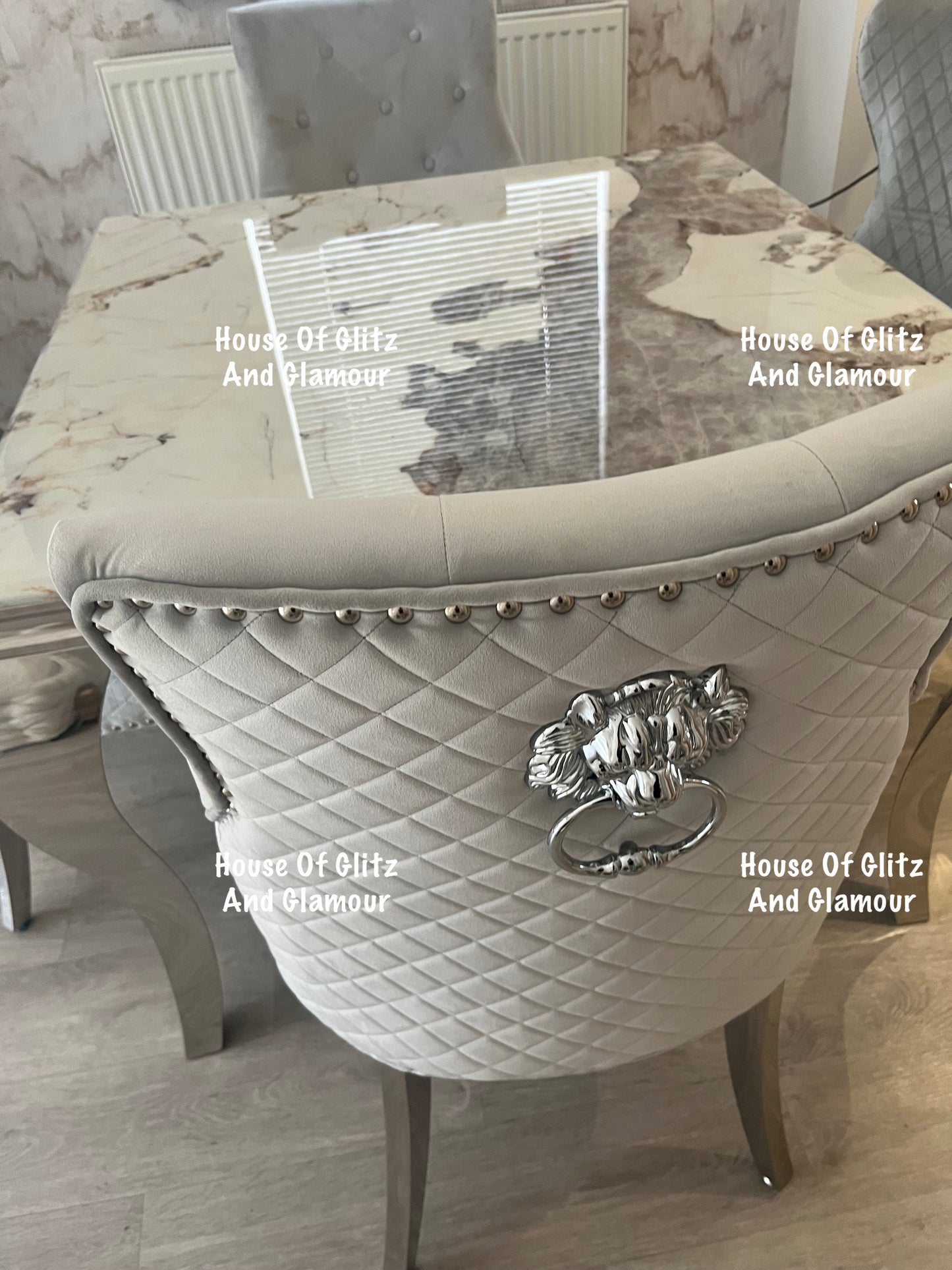 Louis Cream Dining Table With Chrome Legs And Pandora Marble Top