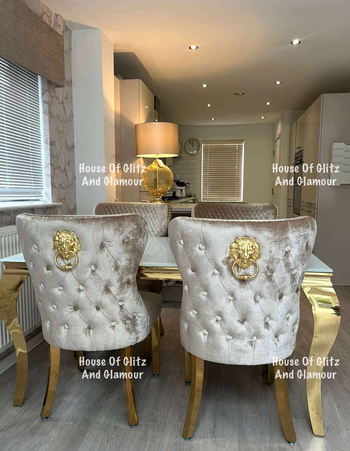 Valentina Mink Champagne Crushed Velvet & Gold Lion Knocker Winged Back Quilted Dining Chair