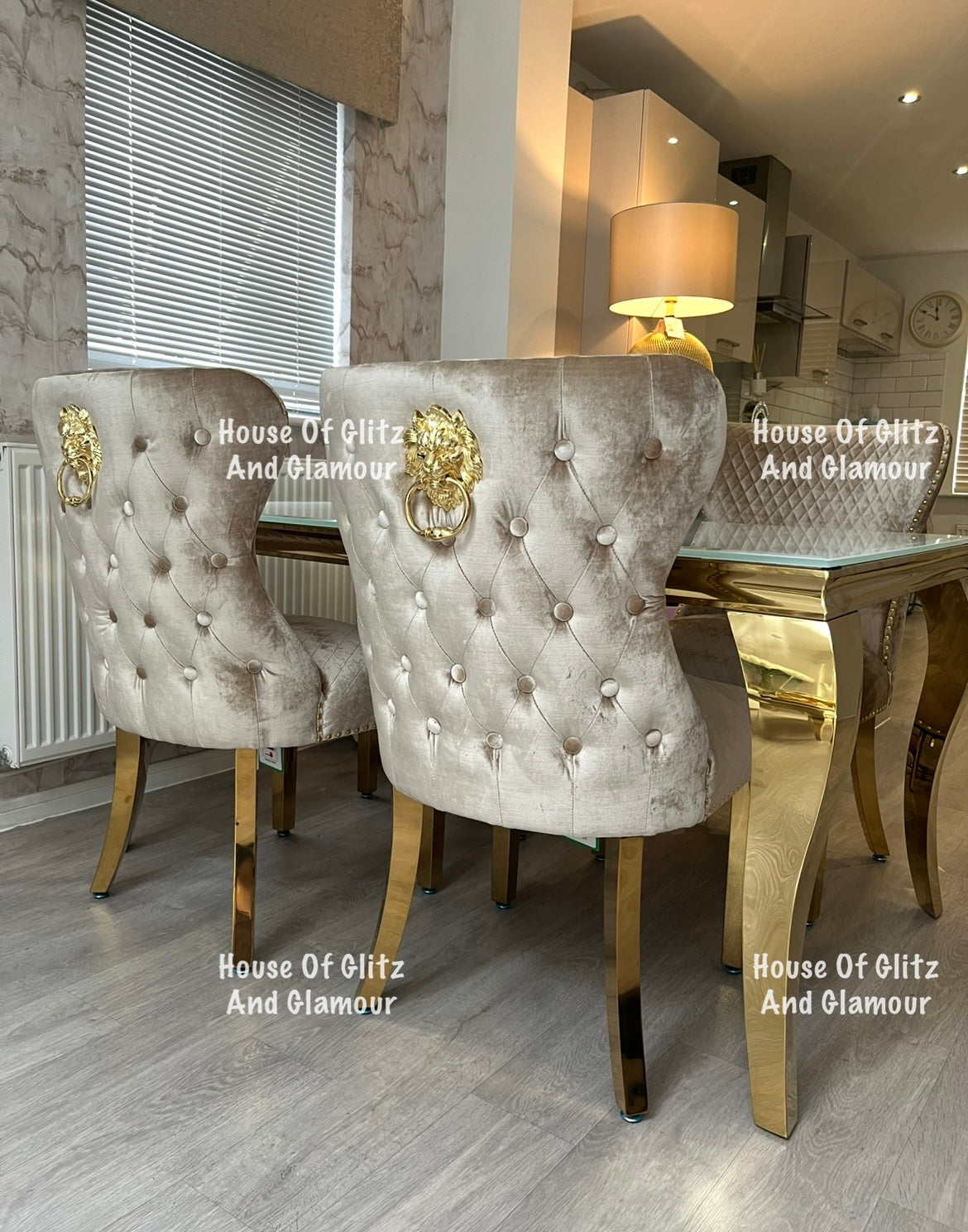 Valentina Mink Champagne Crushed Velvet & Gold Lion Knocker Winged Back Quilted Dining Chair