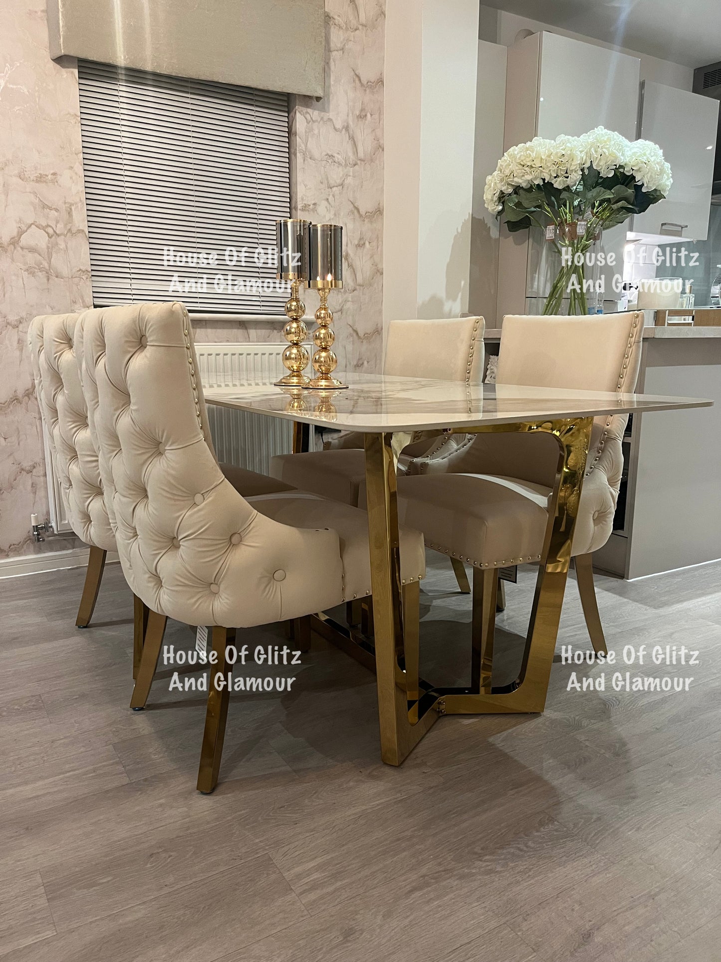 1.8 Pandora Dining Table + 4 Bentley Cream Velvet Studded Back Gold Leg Dining Chairs
