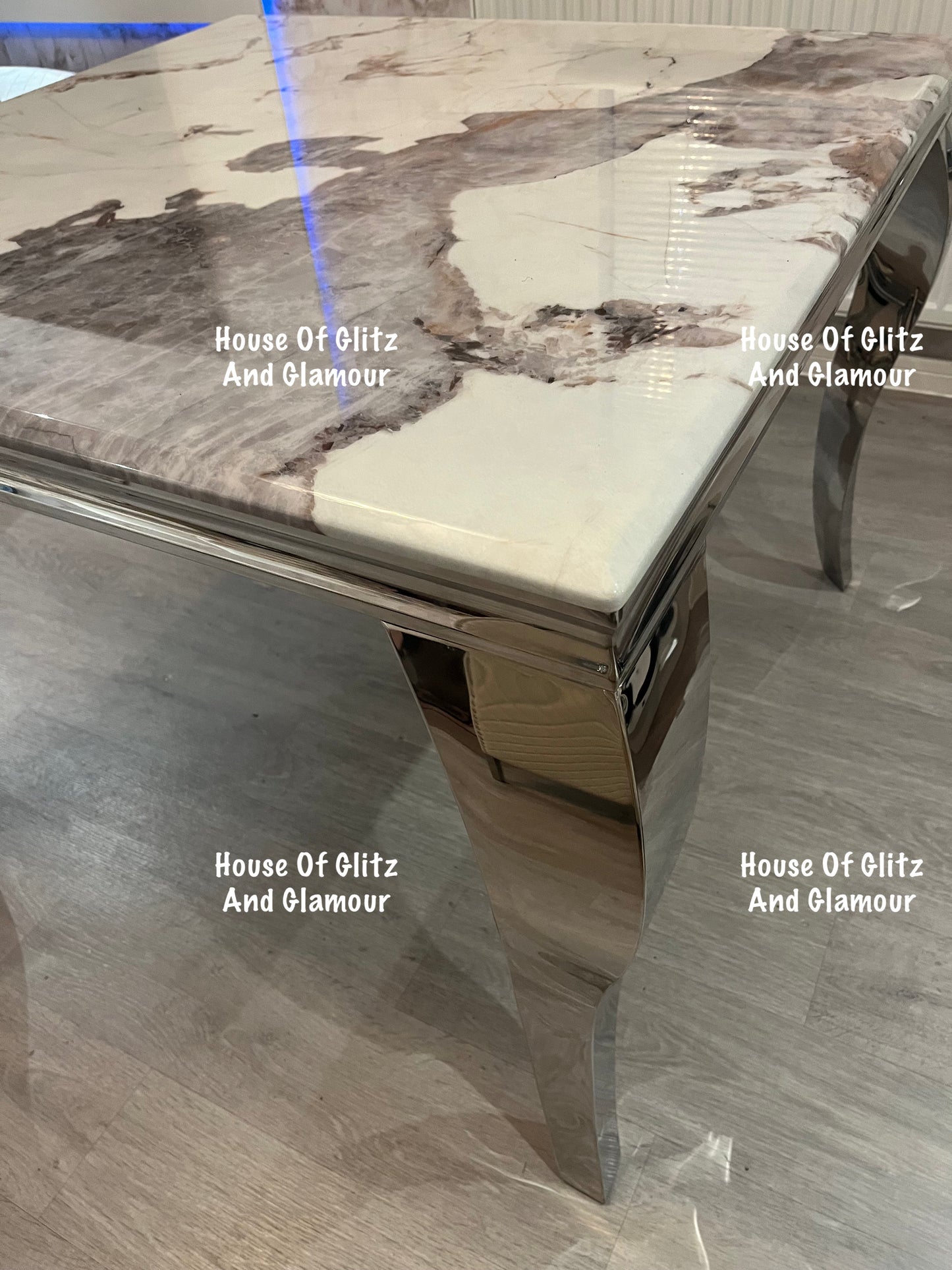 Louis Cream Pandora Marble Dining Table With Chrome Legs + 4 Silver Valentina Dining Chairs