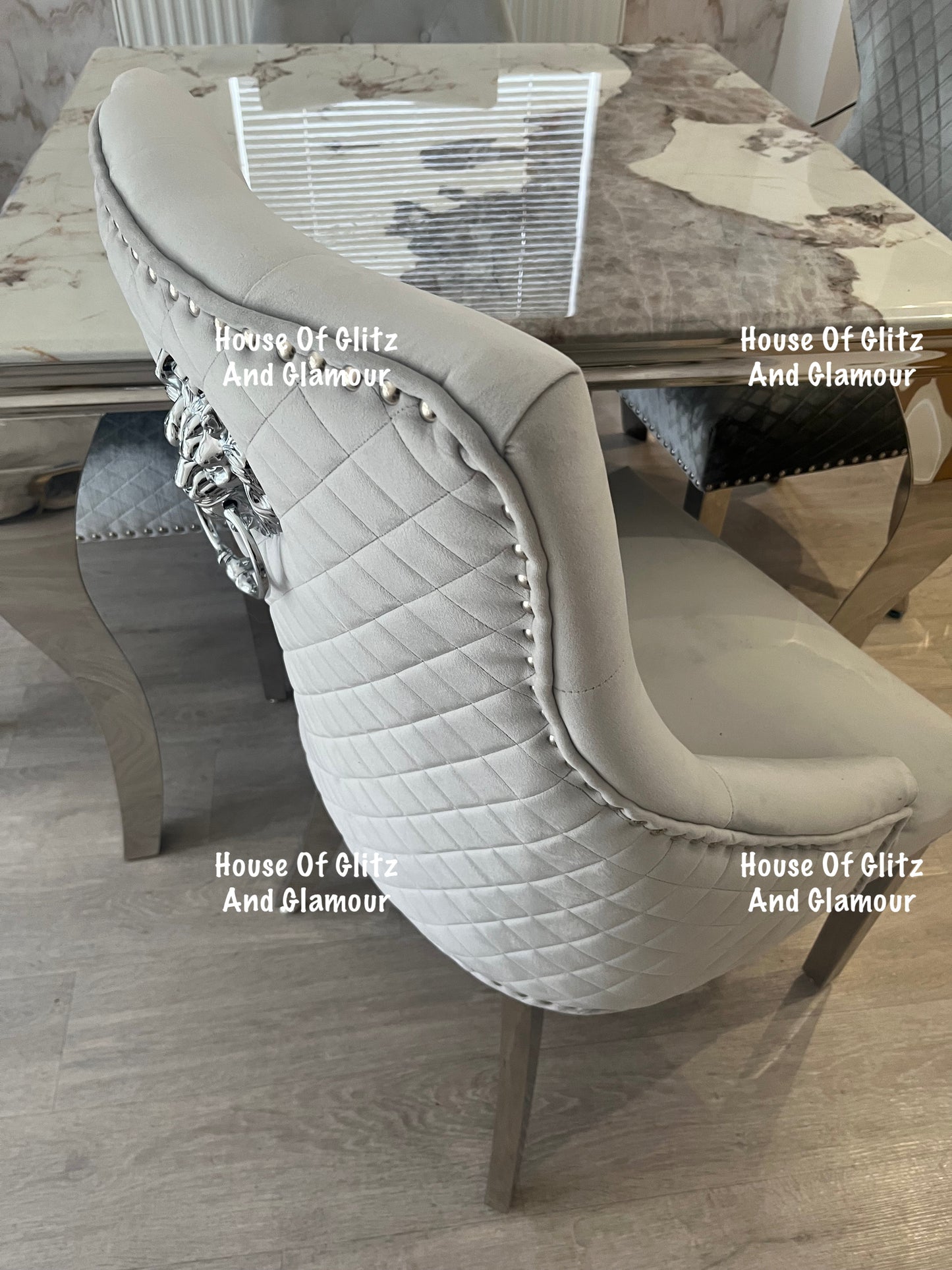 Louis Cream Dining Table With Chrome Legs And Pandora Marble Top