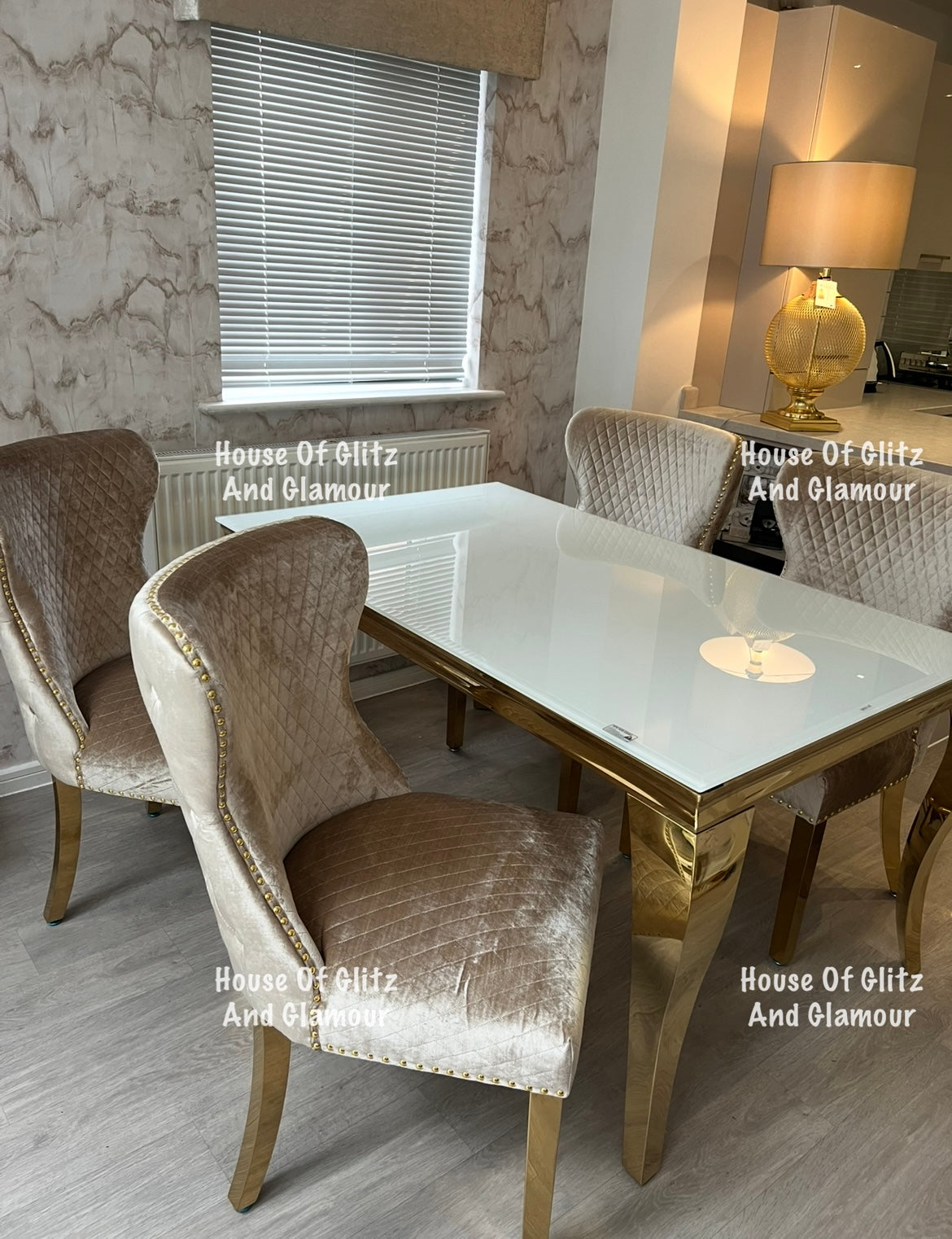 Valentina Mink Champagne Crushed Velvet & Gold Lion Knocker Winged Back Quilted Dining Chair