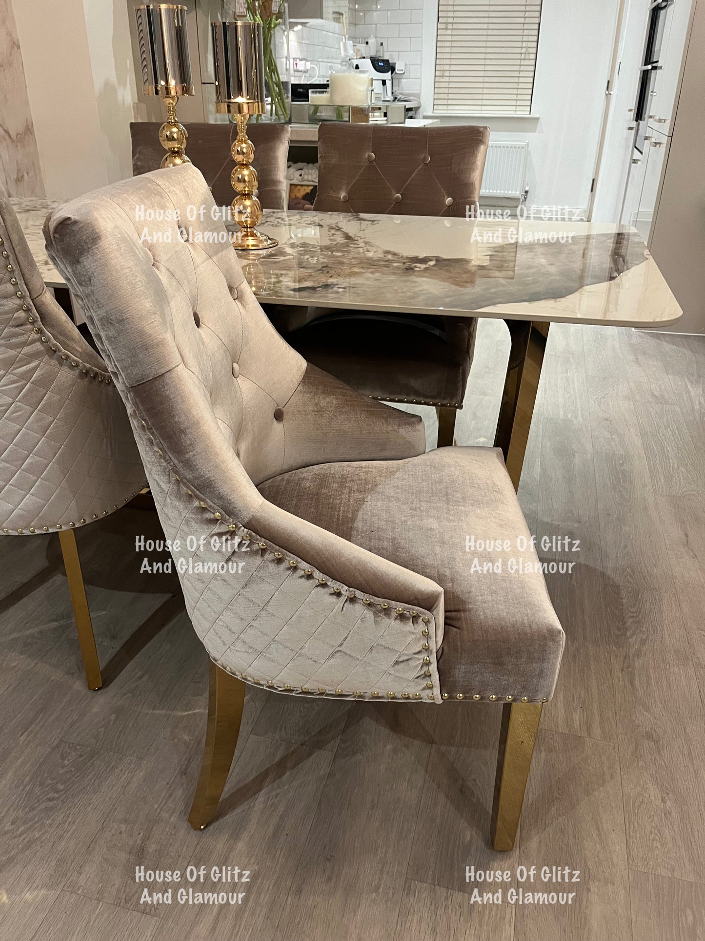 Chelsea Champagne With Gold Legs Quilted French Velvet Lion Head Knocker Back Dining Chair