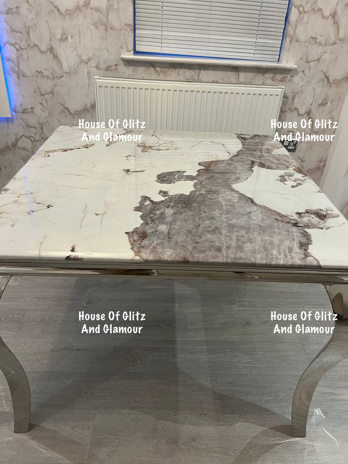 Louis Cream Pandora Marble Dining Table With Chrome Legs + 4 Silver Valentina Dining Chairs