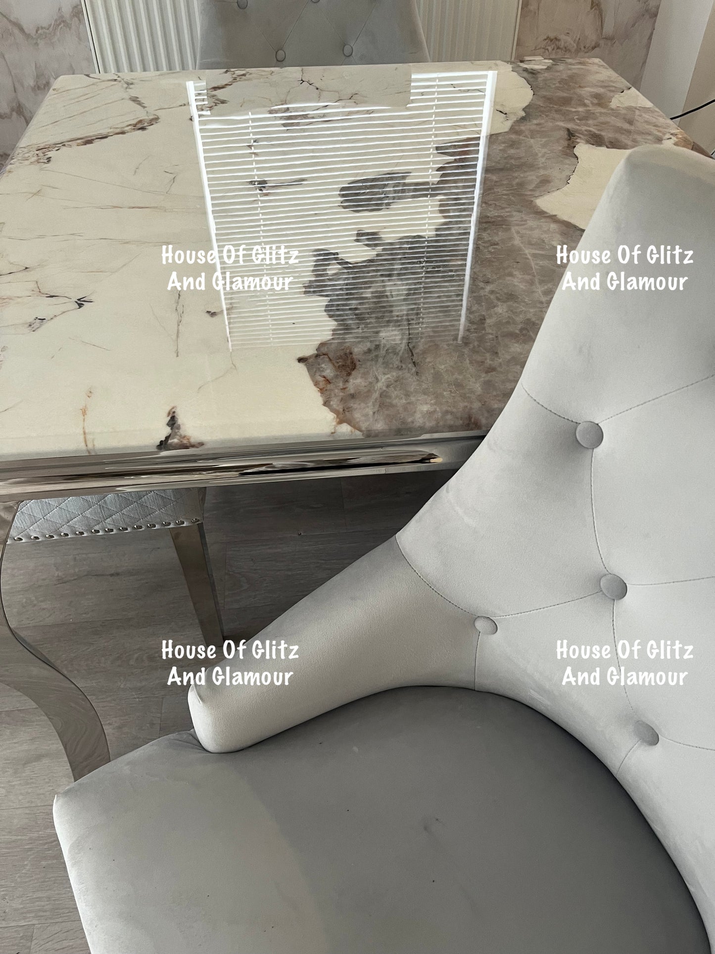 Louis Cream Dining Table With Chrome Legs And Pandora Marble Top