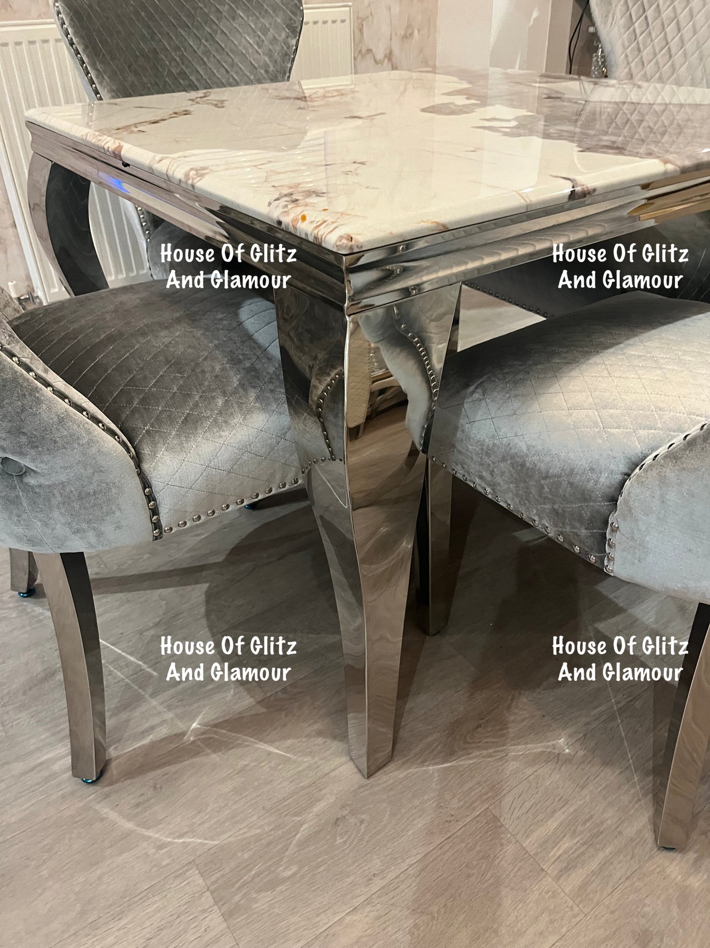 Louis Cream Dining Table With Chrome Legs And Pandora Marble Top