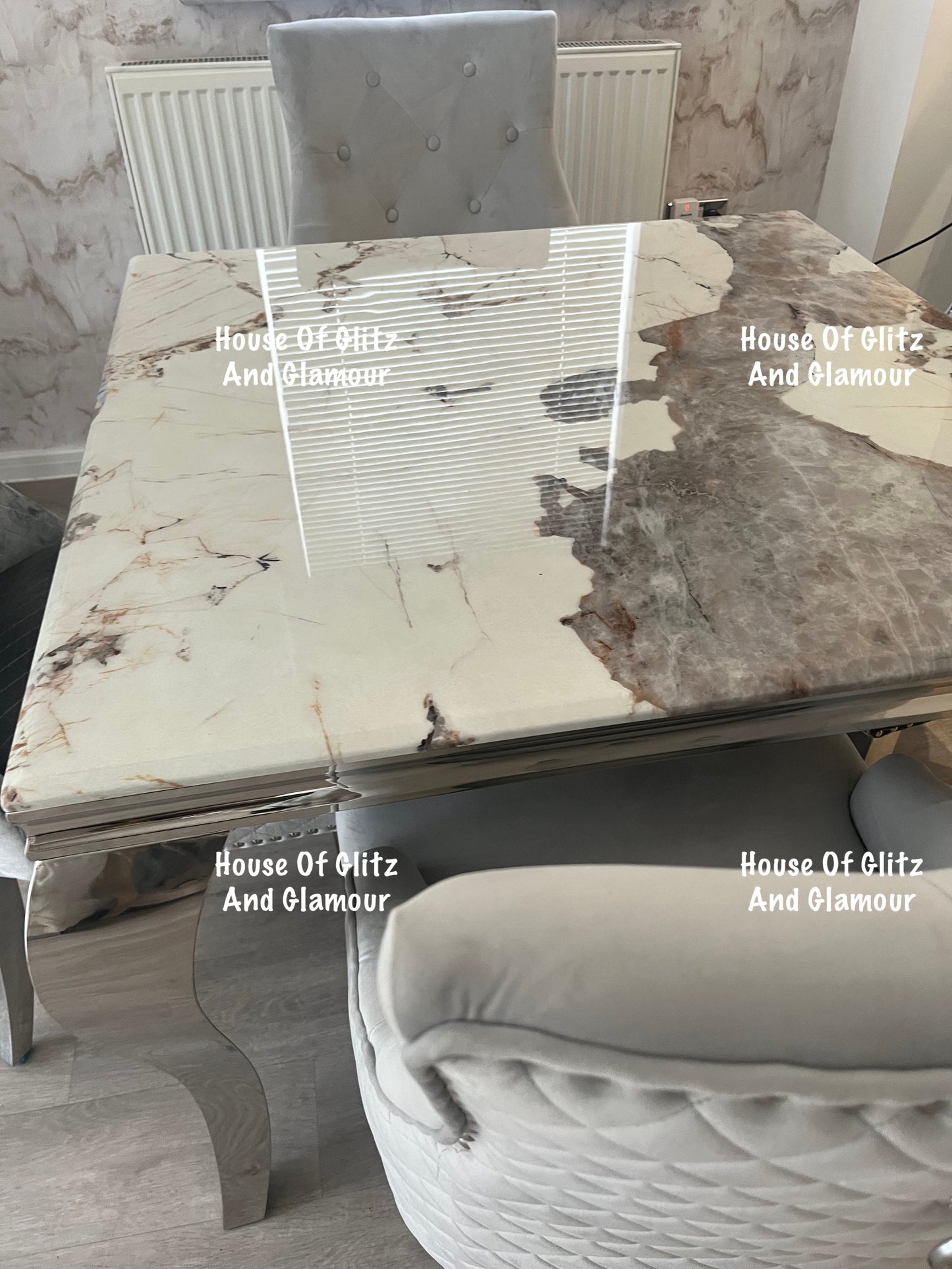 Louis Cream Dining Table With Chrome Legs And Pandora Marble Top