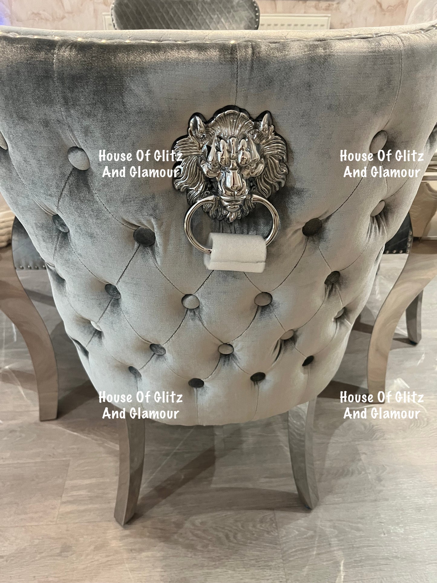 Louis Cream Pandora Marble Dining Table With Chrome Legs + 4 Silver Valentina Dining Chairs