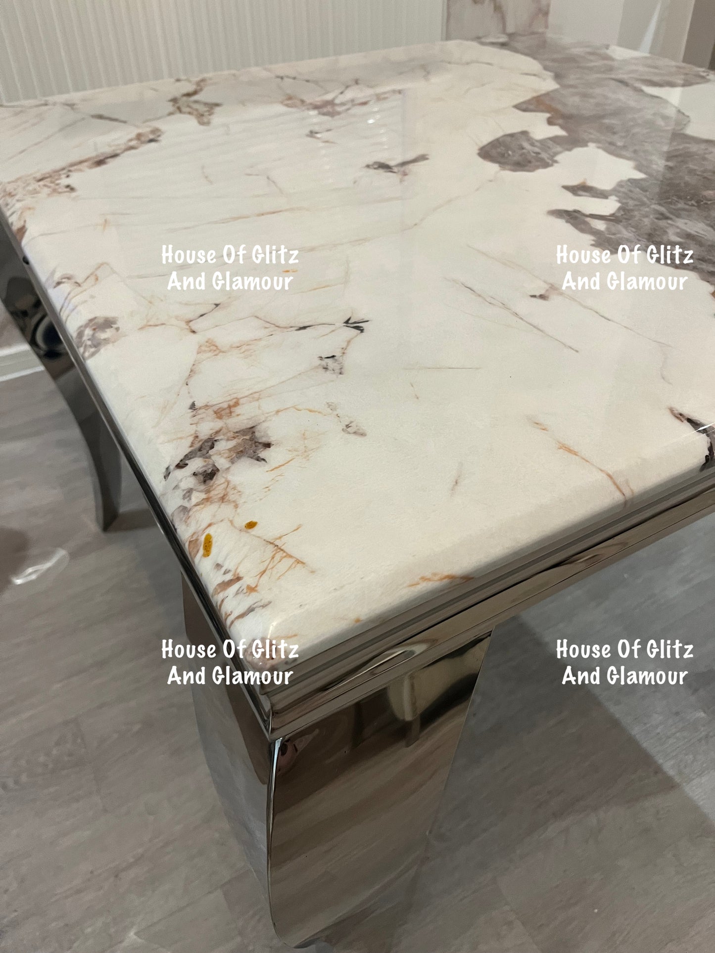 Louis Cream Pandora Marble Dining Table With Chrome Legs + 4 Silver Valentina Dining Chairs