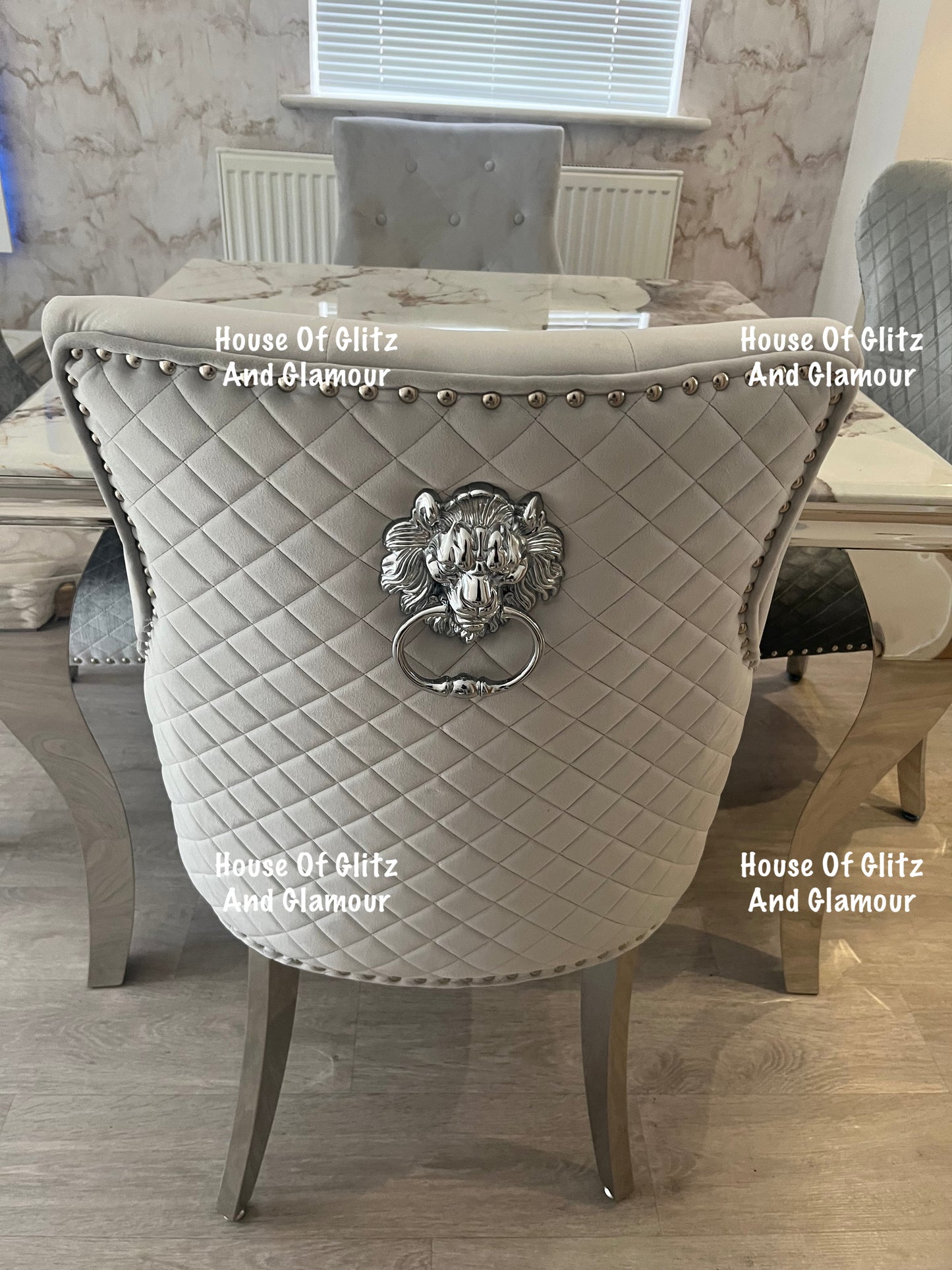 Louis Cream Dining Table With Chrome Legs And Pandora Marble Top