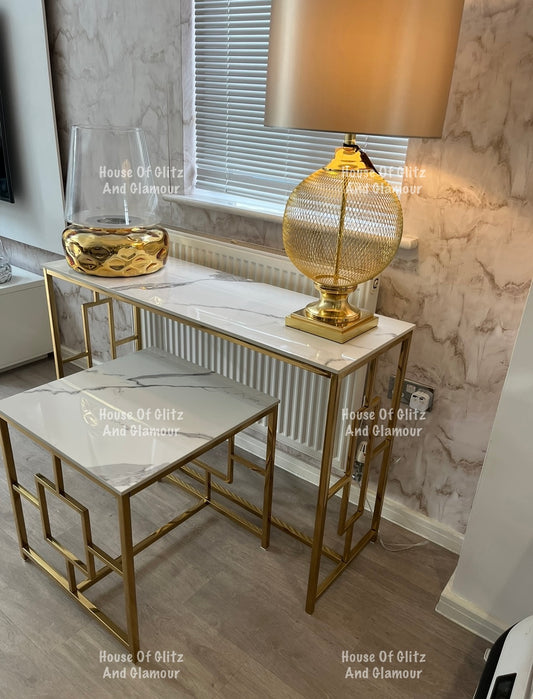 Vogue Gold Console Table with Polar White Sintered Top