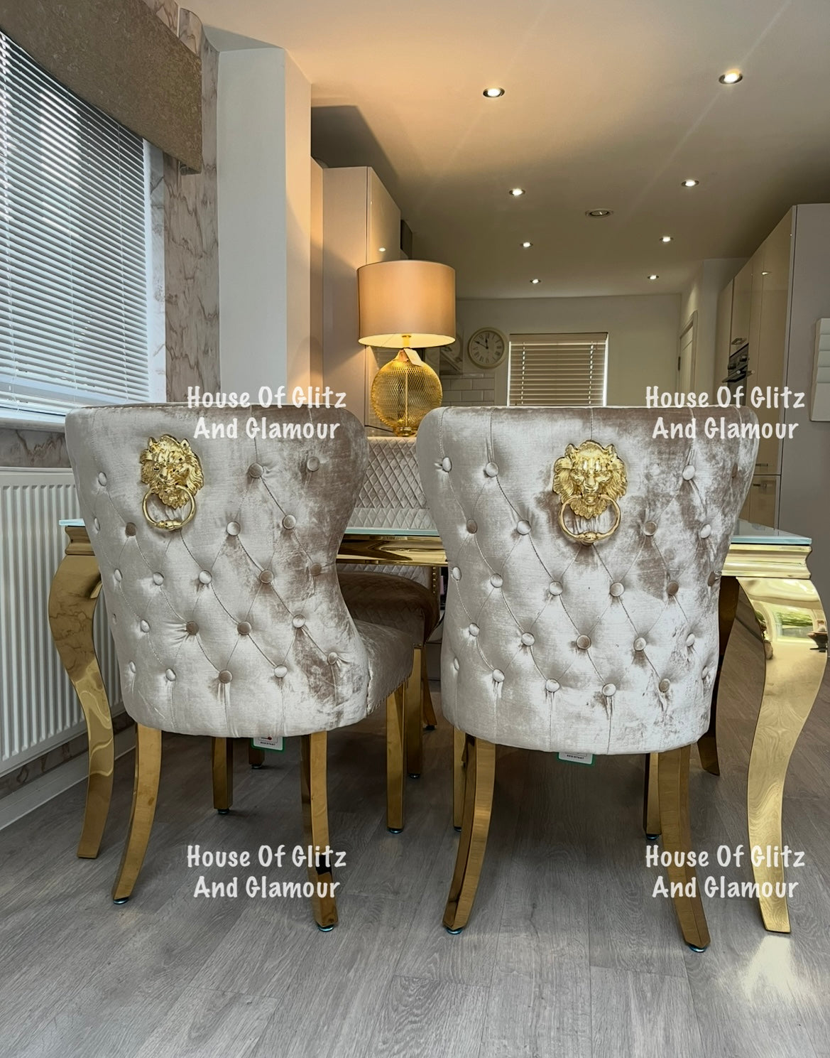 Valentina Mink Champagne Crushed Velvet & Gold Lion Knocker Winged Back Quilted Dining Chair