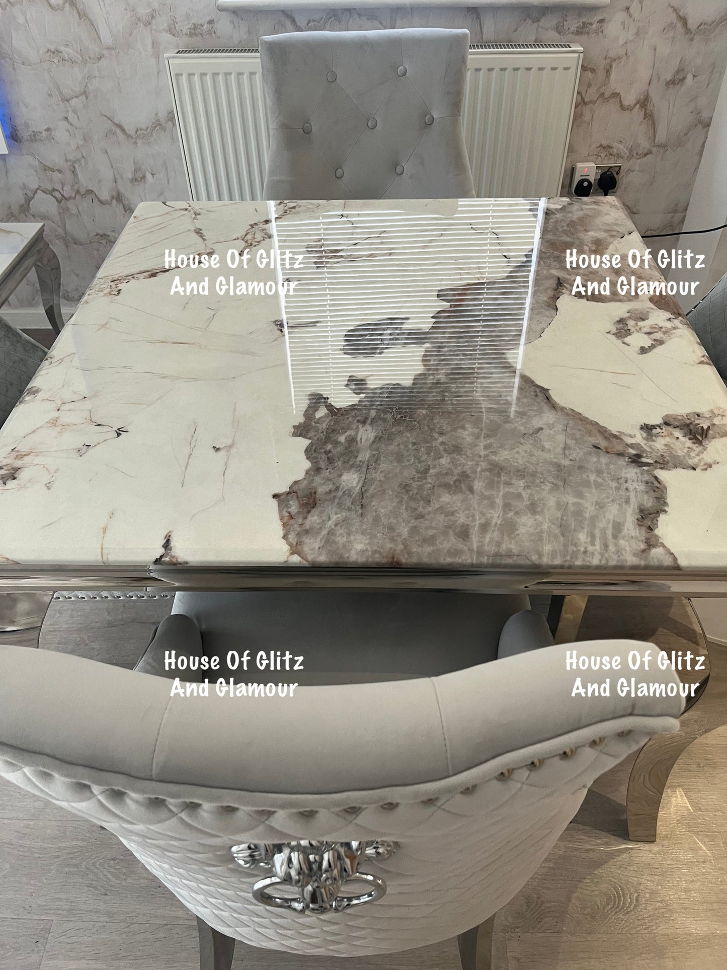 Louis Cream Dining Table With Chrome Legs And Pandora Marble Top