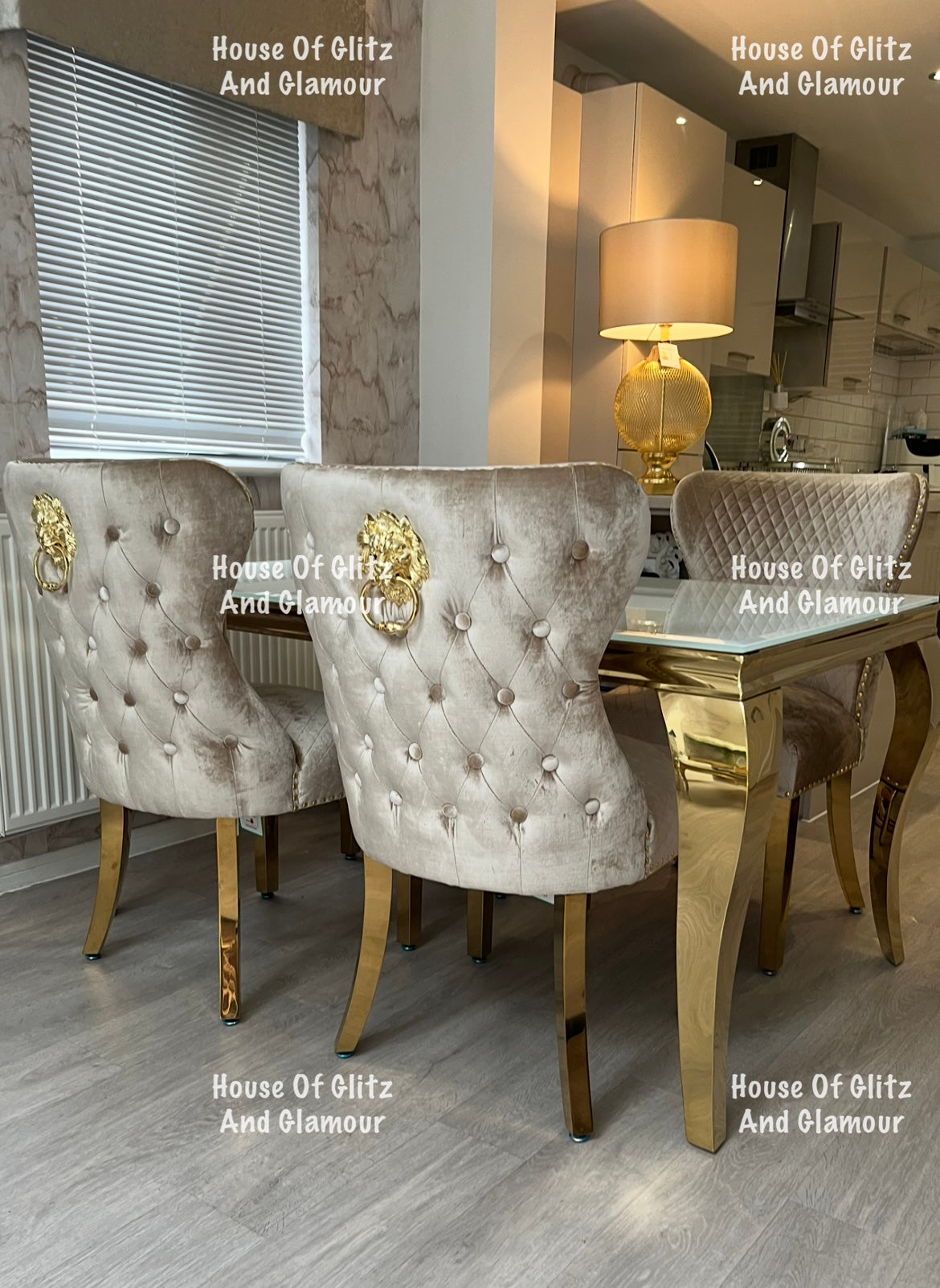 Valentina Mink Champagne Crushed Velvet & Gold Lion Knocker Winged Back Quilted Dining Chair