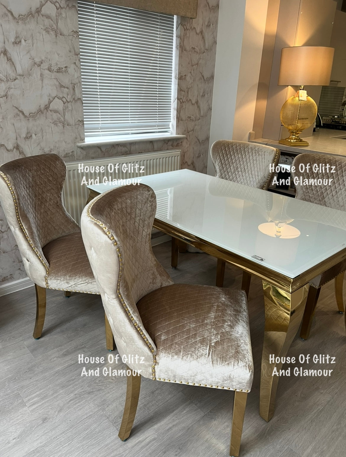 Valentina Mink Champagne Crushed Velvet & Gold Lion Knocker Winged Back Quilted Dining Chair