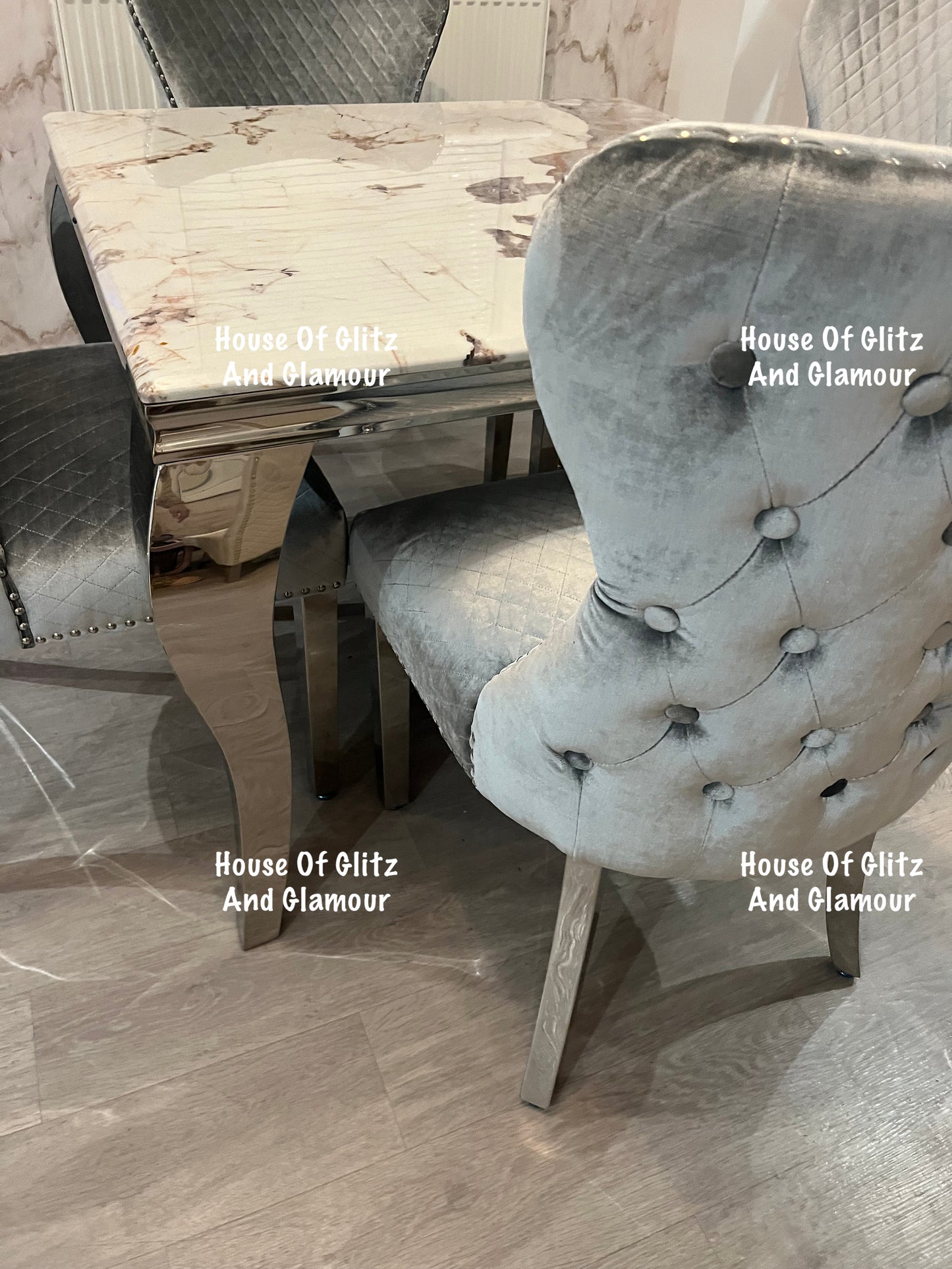 Louis Cream Dining Table With Chrome Legs And Pandora Marble Top