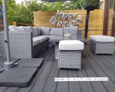 Monte Carlo Rattan Wide Corner Sofa With Rising Dining Table Set In Grey