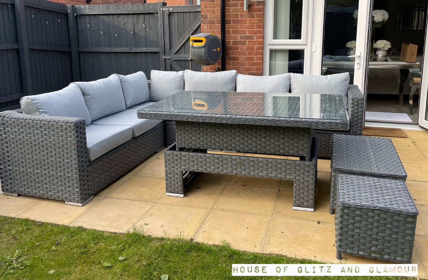 Monte Carlo Rattan Wide Corner Sofa With Rising Dining Table Set In Grey