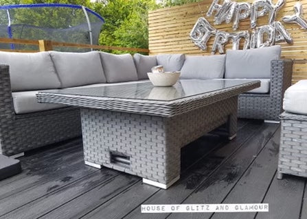 Monte Carlo Rattan Wide Corner Sofa With Rising Dining Table Set In Grey