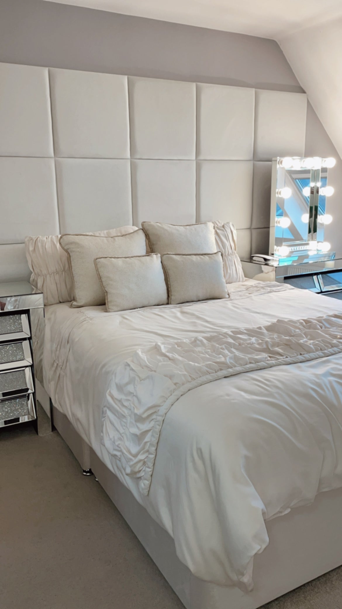 50 x 50 Velvet wall panels in a 6 x 3 configuration, shown in a bedroom environment with double bed and beside cabinets.