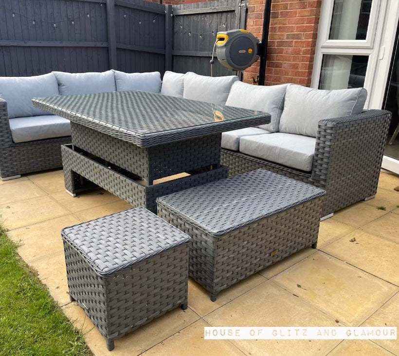 Monte Carlo Rattan Wide Corner Sofa With Rising Dining Table Set In Grey