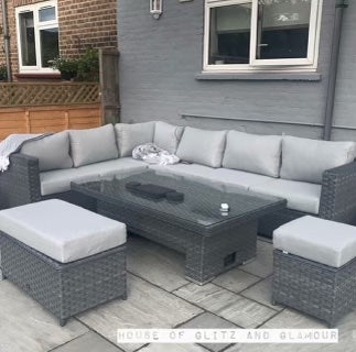 Monte Carlo Rattan Wide Corner Sofa With Rising Dining Table Set In Grey