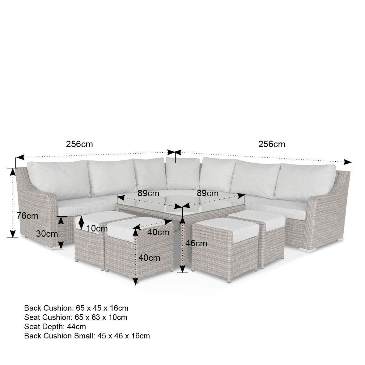 California Large Corner Sofa, Square Coffee Table with 4 Stools in Grey