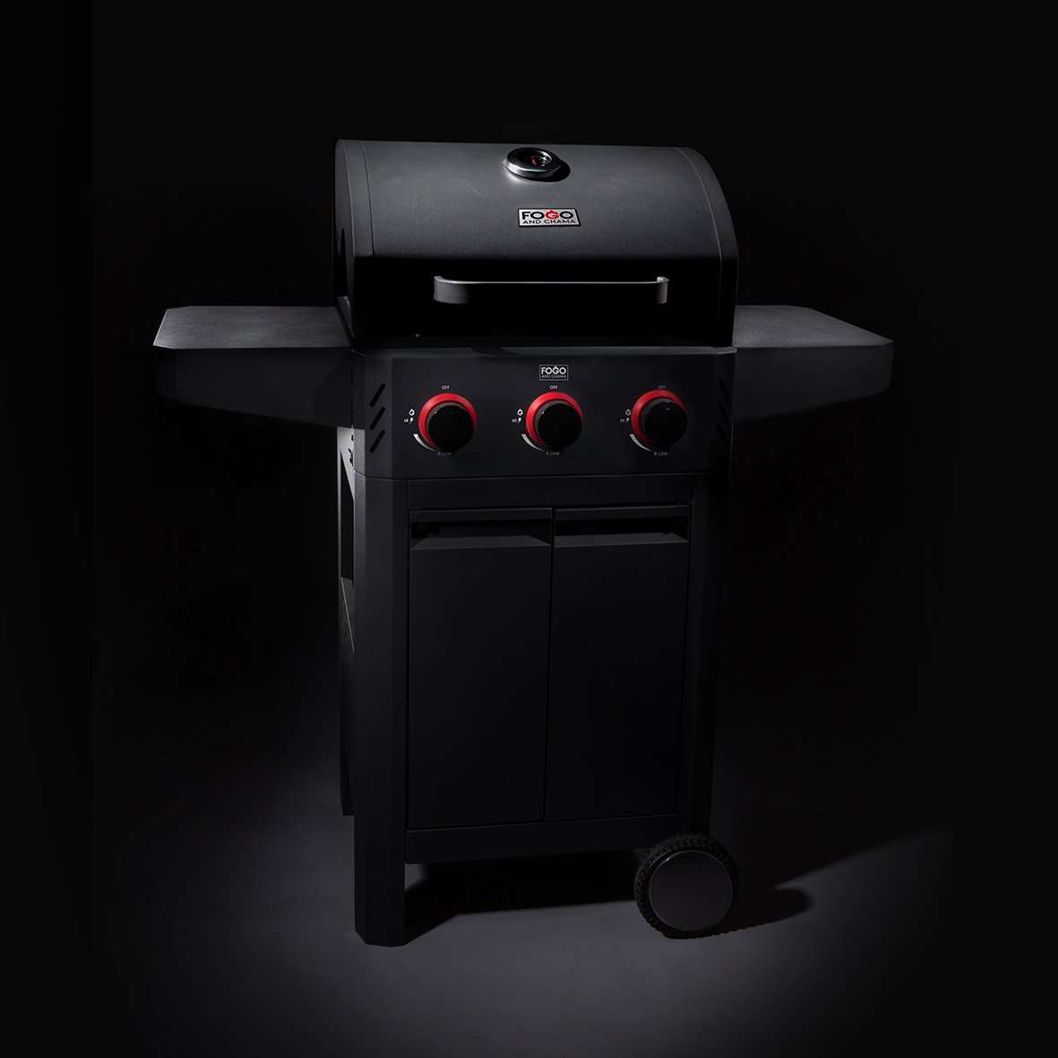 Fogo & Chama, 3 burner BBQ, front view with dark background