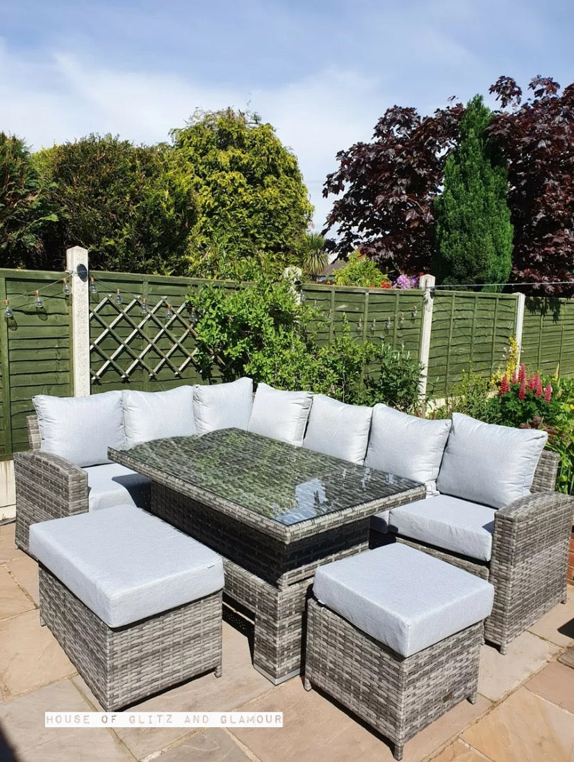 St Tropez Rattan High Back Corner Sofa With Rising Dining Table Set In Grey