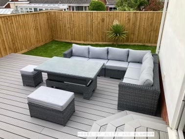 Monte Carlo Rattan Wide Corner Sofa With Rising Dining Table Set In Grey