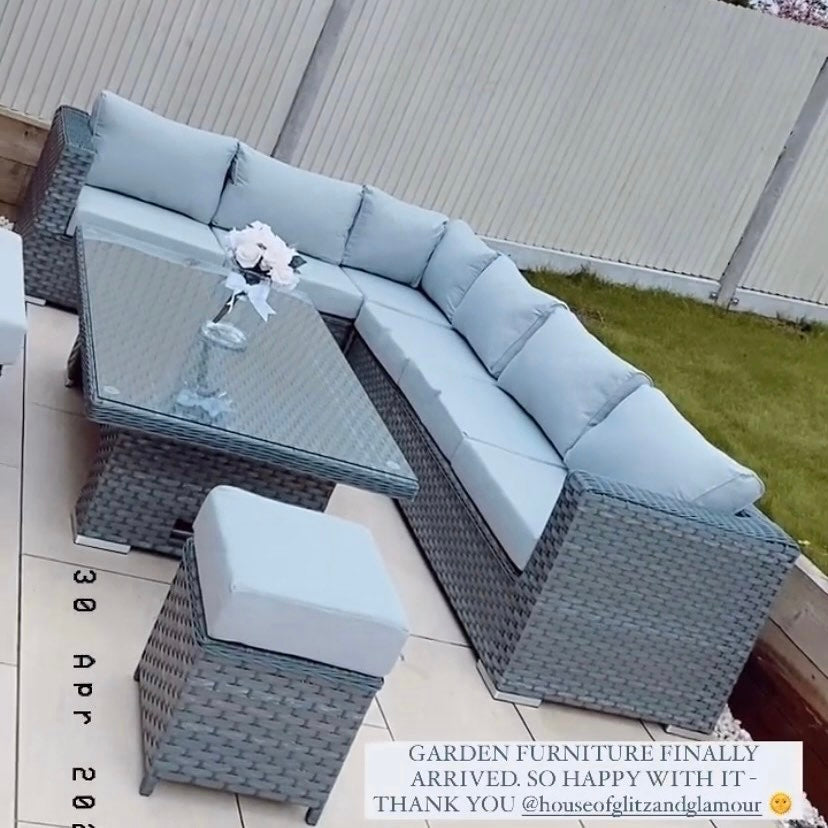 Monte Carlo Rattan Wide Corner Sofa With Rising Dining Table Set In Grey