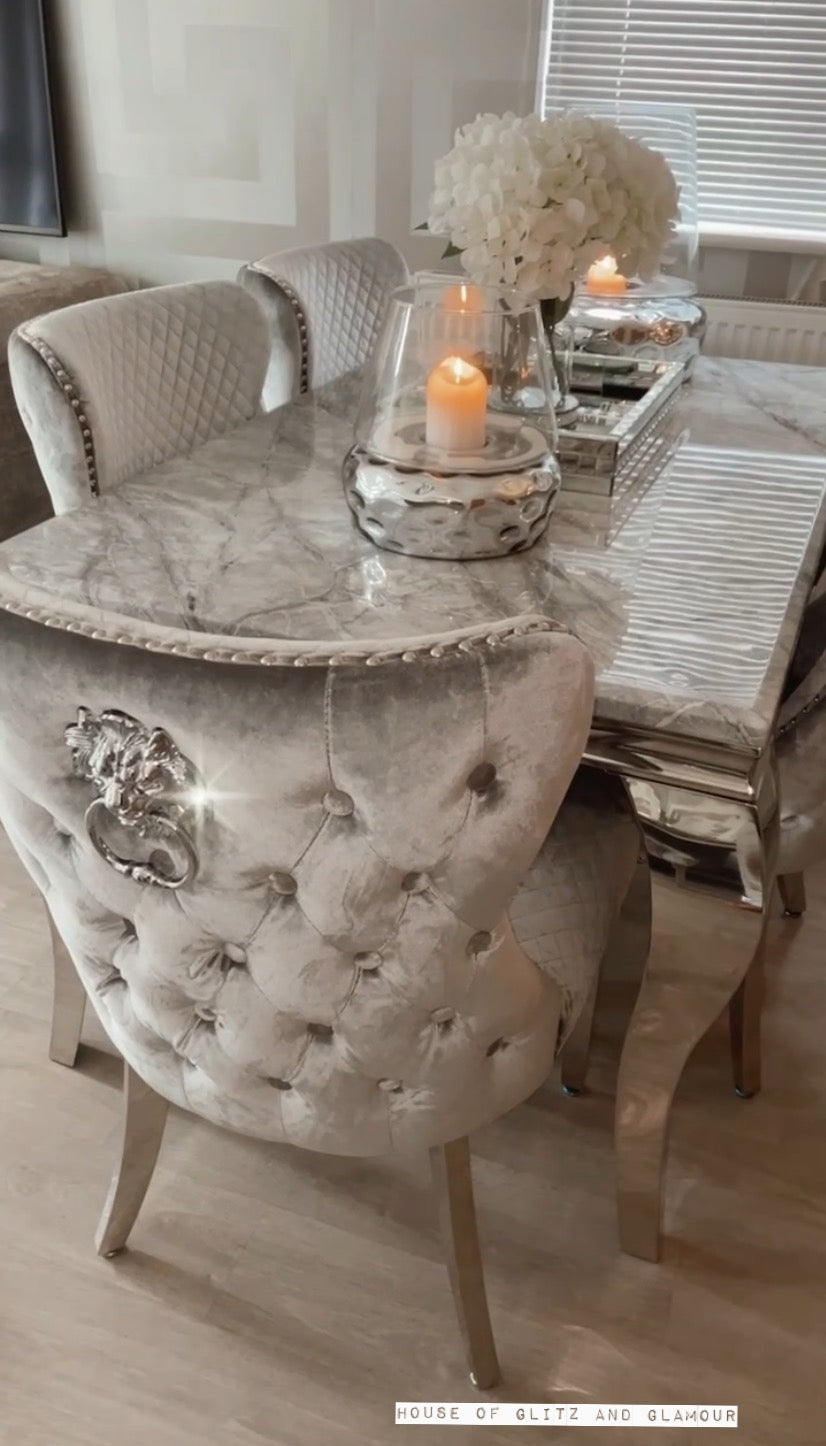 Valentina Silver Crushed Velvet Lion Knocker Winged Back Quilted Dining Chair