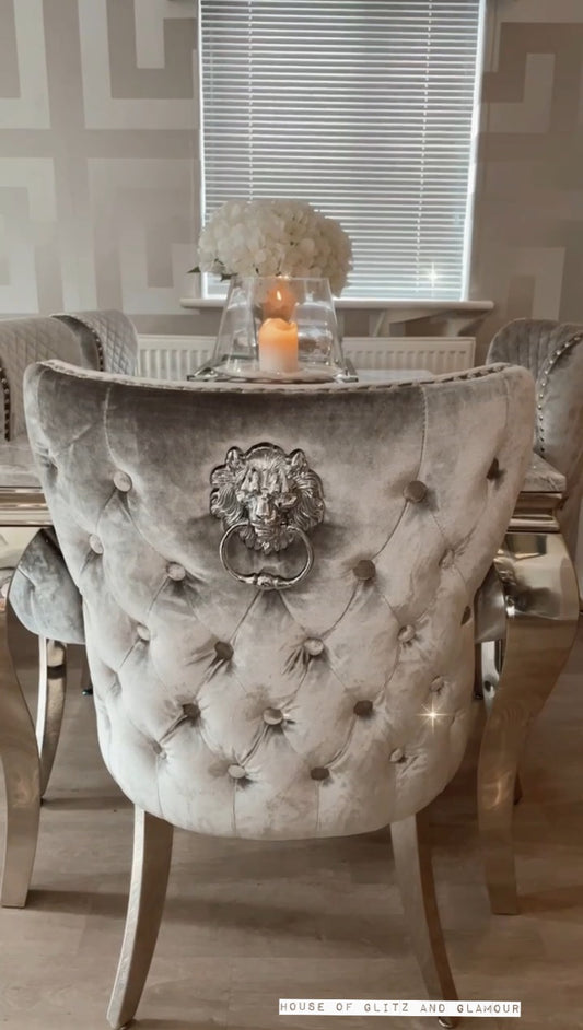 Valentina Silver Crushed Velvet Lion Knocker Winged Back Quilted Dining Chair