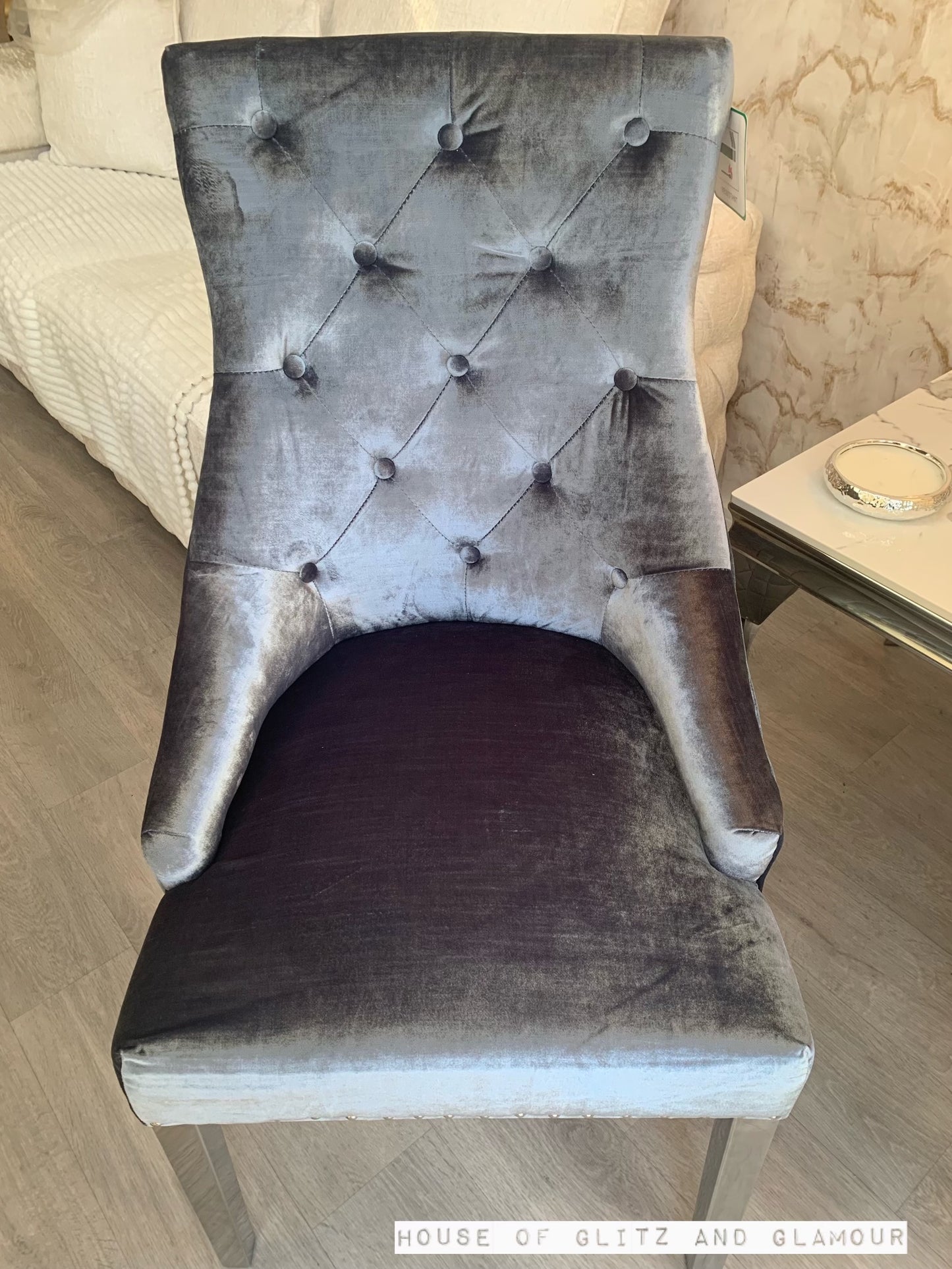 Chelsea Silver Shimmer Velvet Lion Knocker Dining Chair