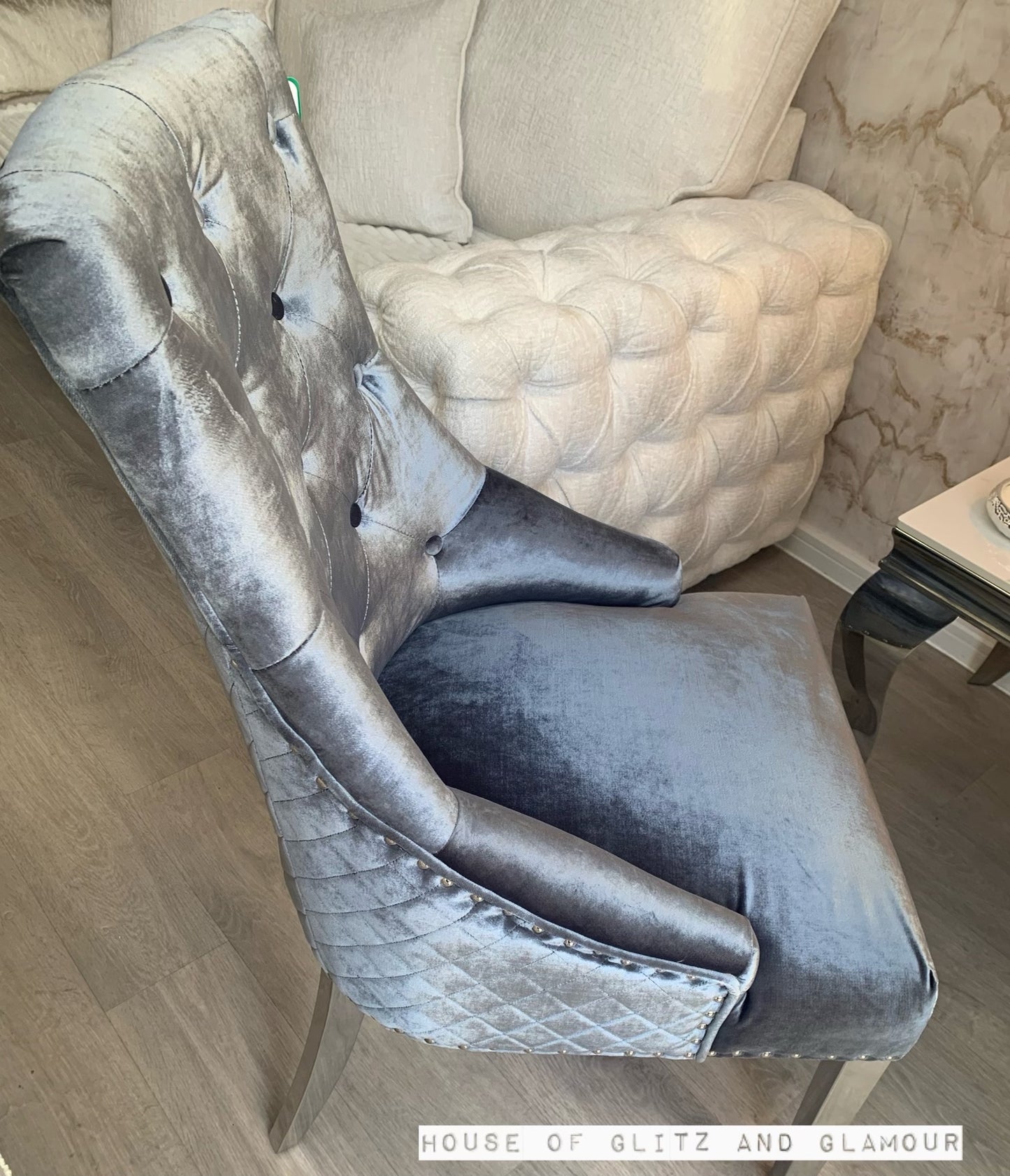 Chelsea Silver Shimmer Velvet Lion Knocker Dining Chair