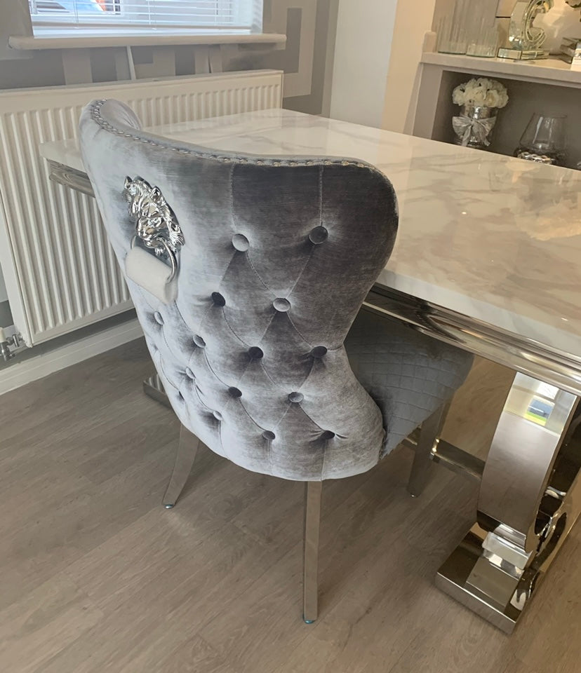 Valentina Grey Crushed Velvet Lion Knocker Winged Back Quilted Dining Chair
