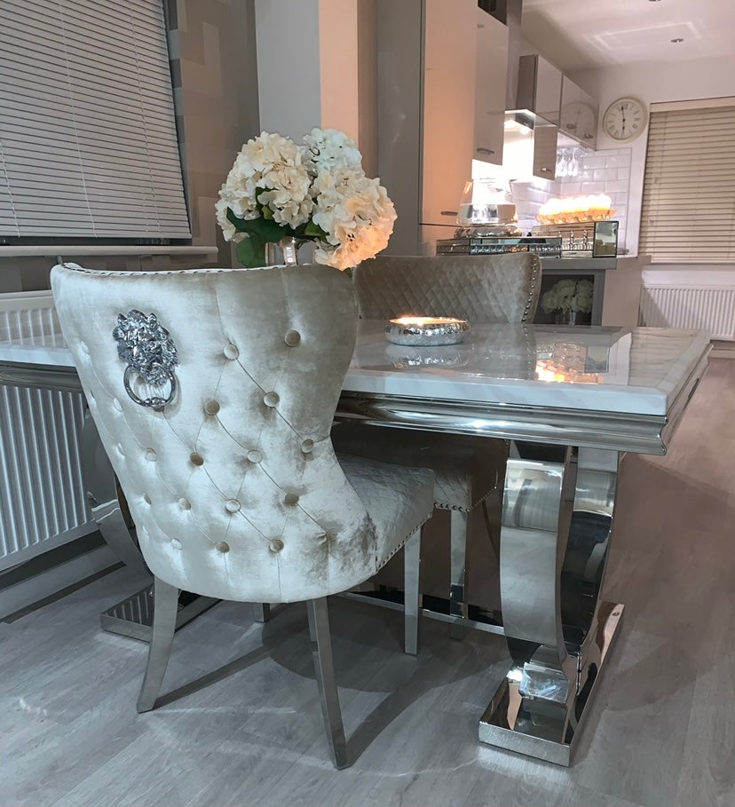 Valentina Mink Champagne Crushed Velvet Lion Knocker Winged Back Quilted Dining Chair